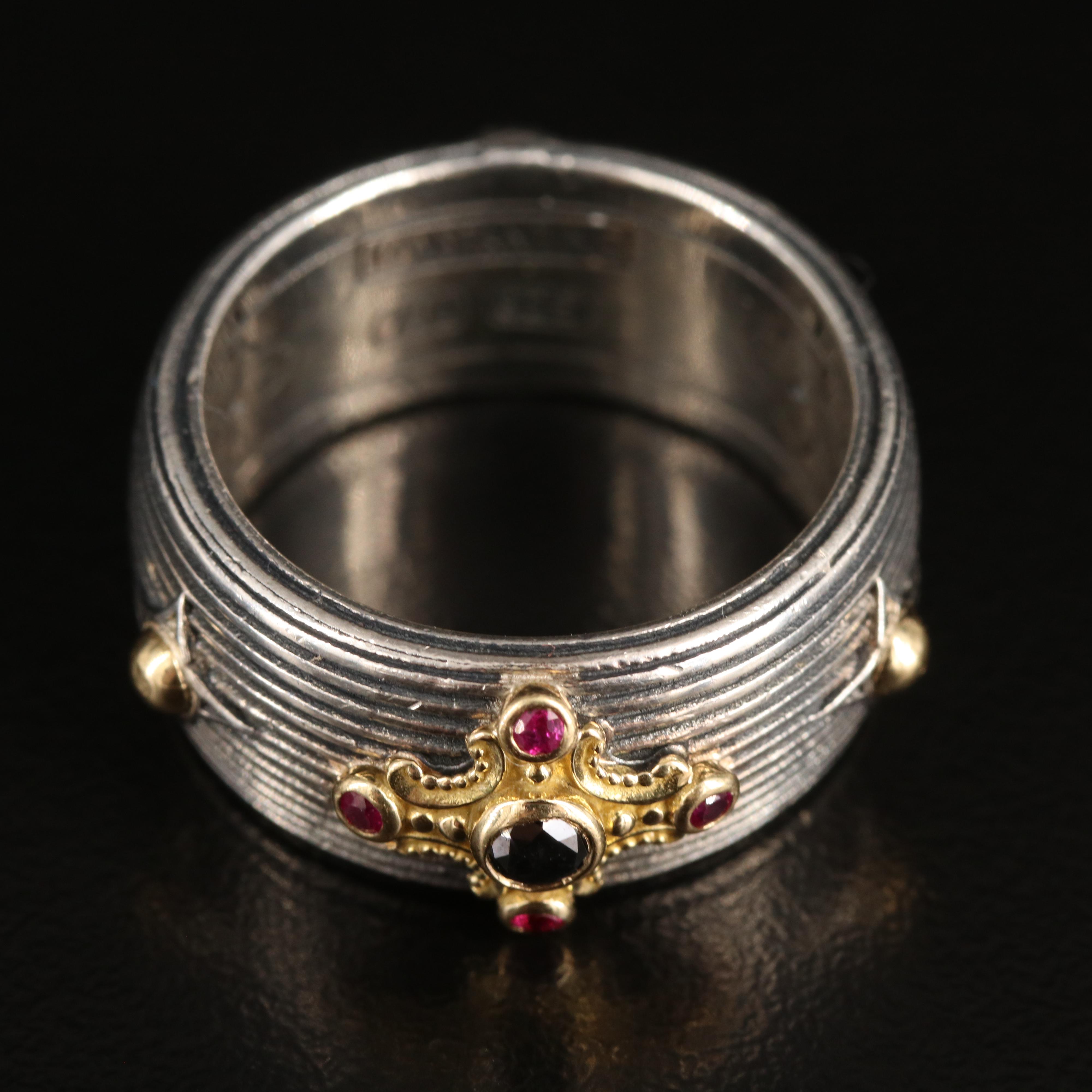 Konstantino "Delos" Sterling Black Diamond and Ruby Cigar Band with 18K Accents