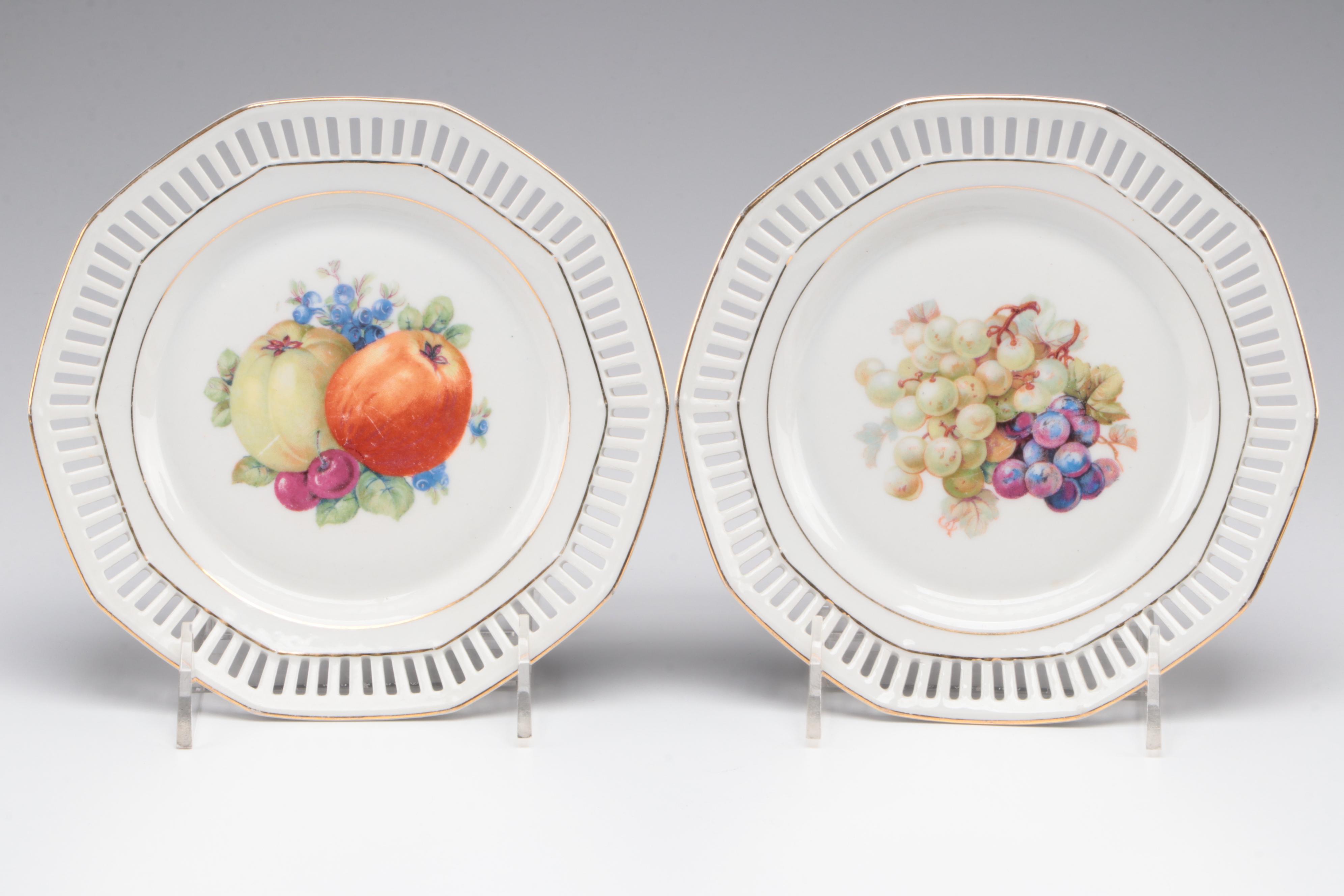 Schumann Pierced Rim Fruit Motif Porcelain Plates with Fostoria Glass Candy Box