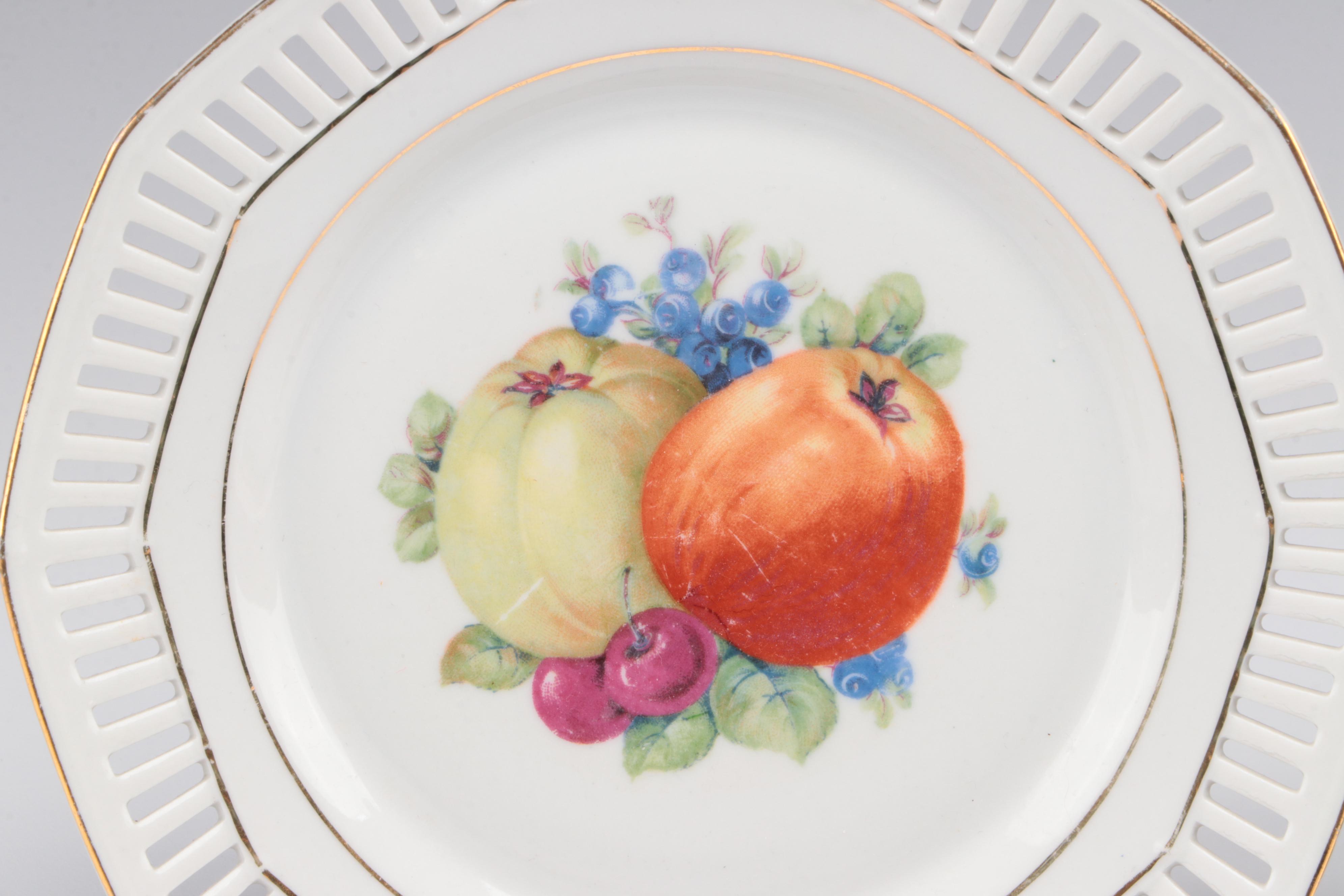 Schumann Pierced Rim Fruit Motif Porcelain Plates with Fostoria Glass Candy Box