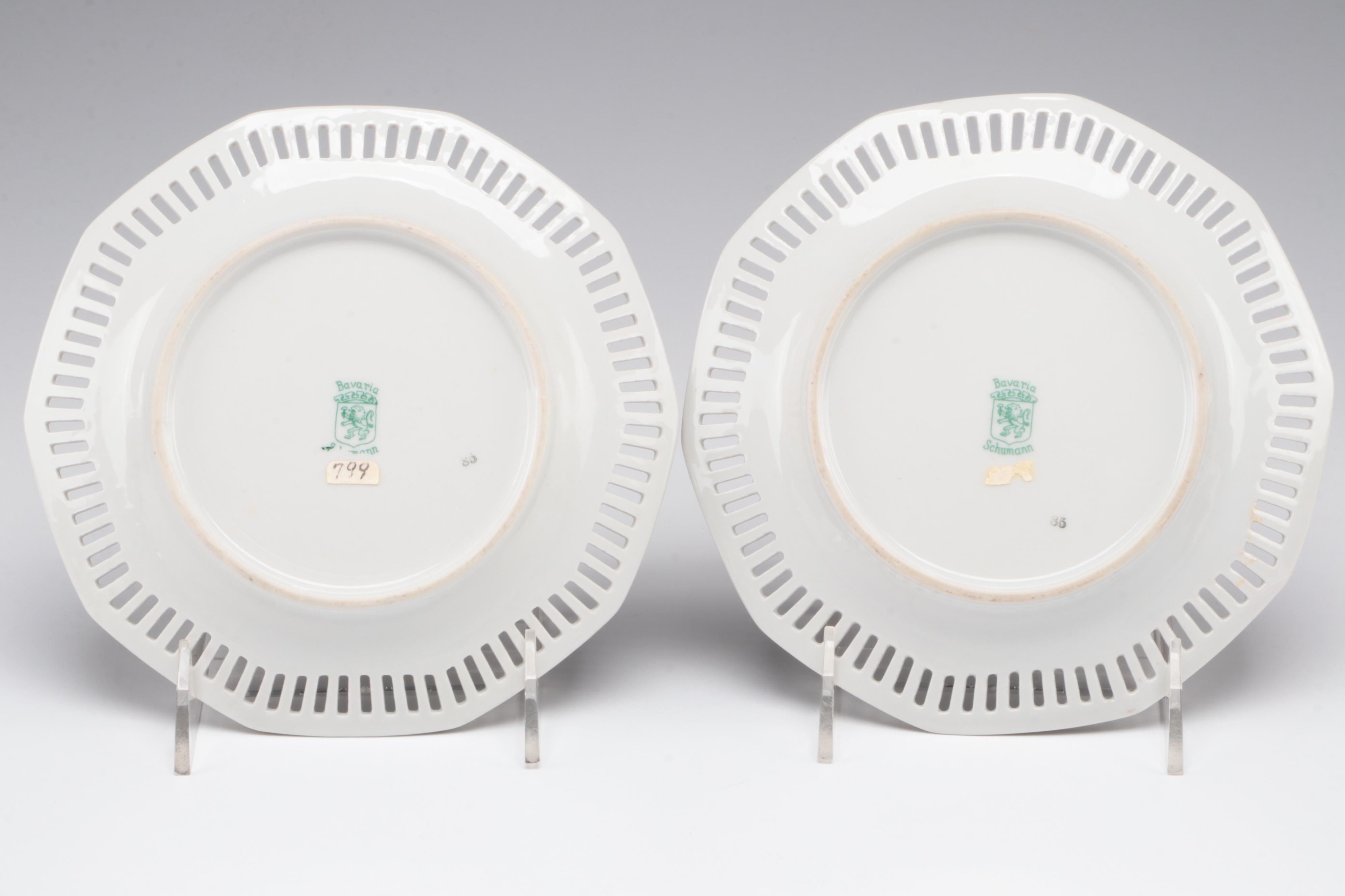 Schumann Pierced Rim Fruit Motif Porcelain Plates with Fostoria Glass Candy Box