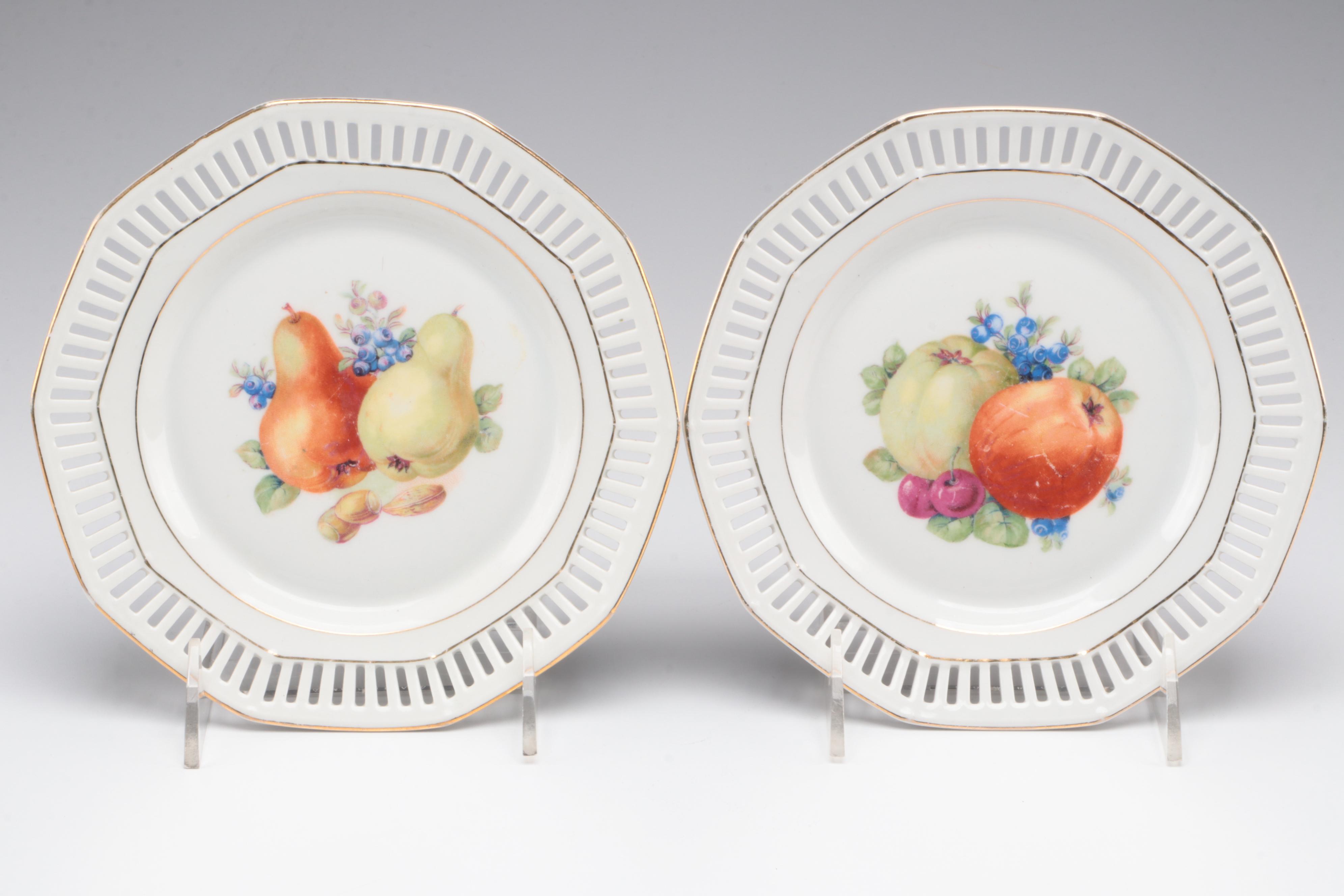 Schumann Pierced Rim Fruit Motif Porcelain Plates with Fostoria Glass Candy Box