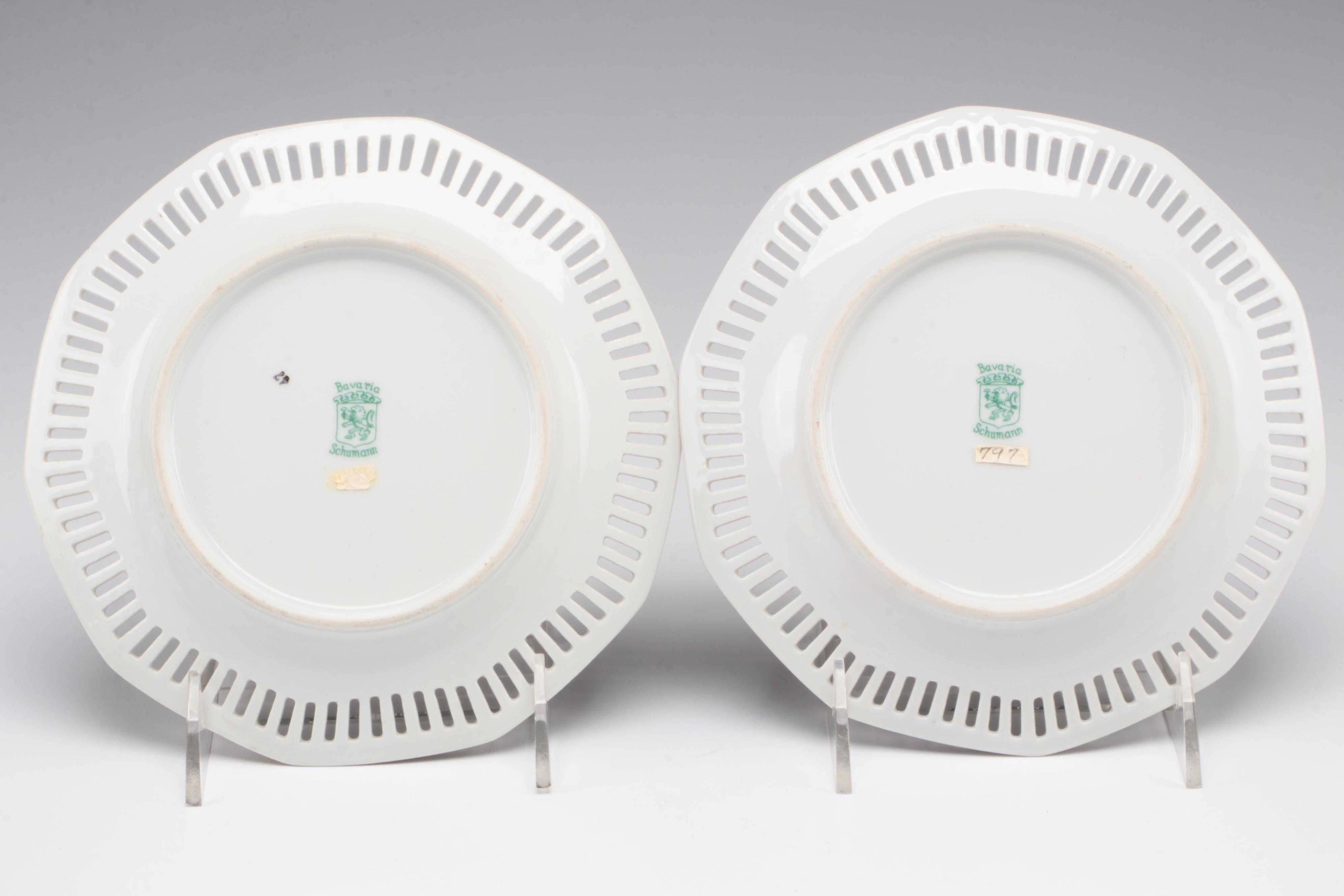 Schumann Pierced Rim Fruit Motif Porcelain Plates with Fostoria Glass Candy Box