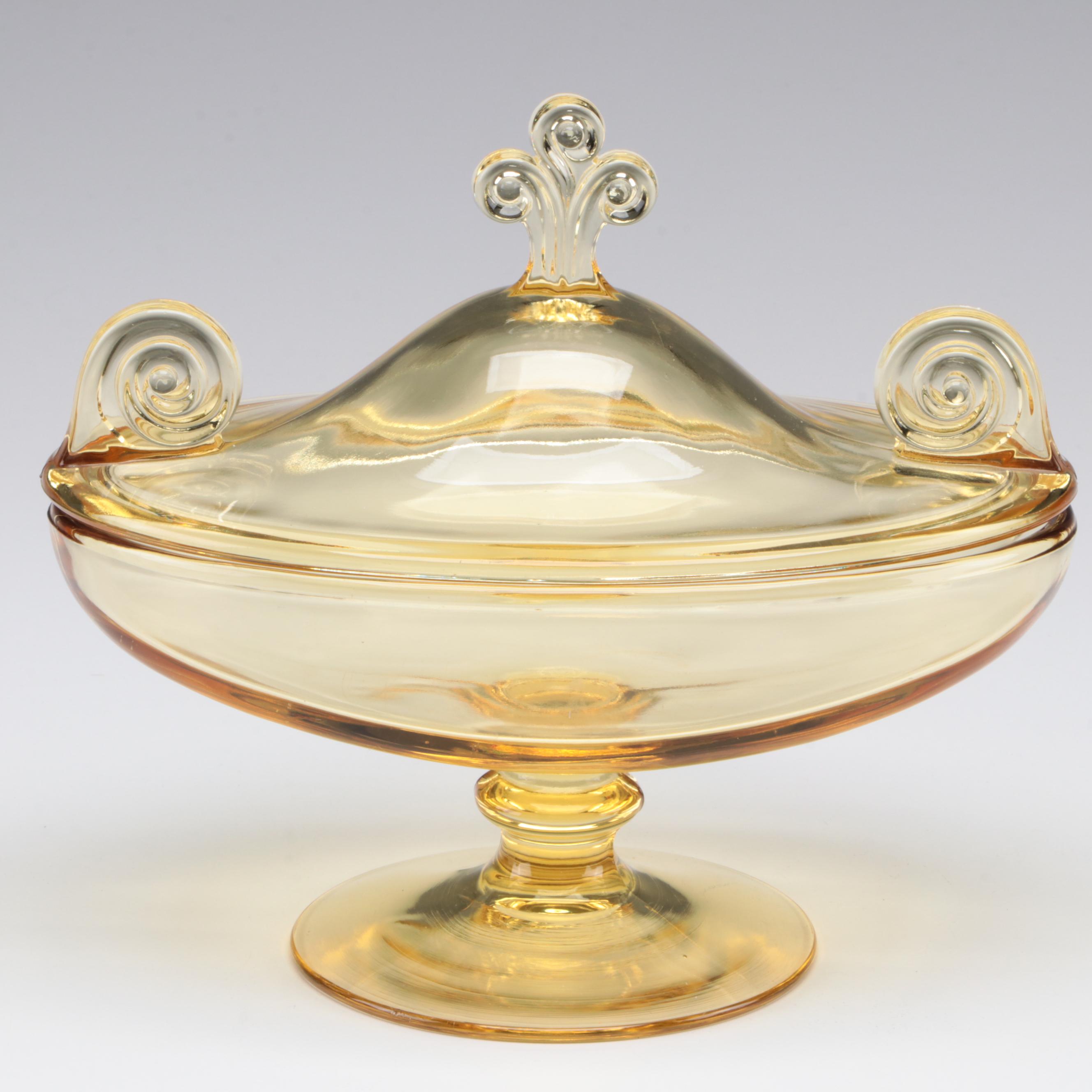 Schumann Pierced Rim Fruit Motif Porcelain Plates with Fostoria Glass Candy Box