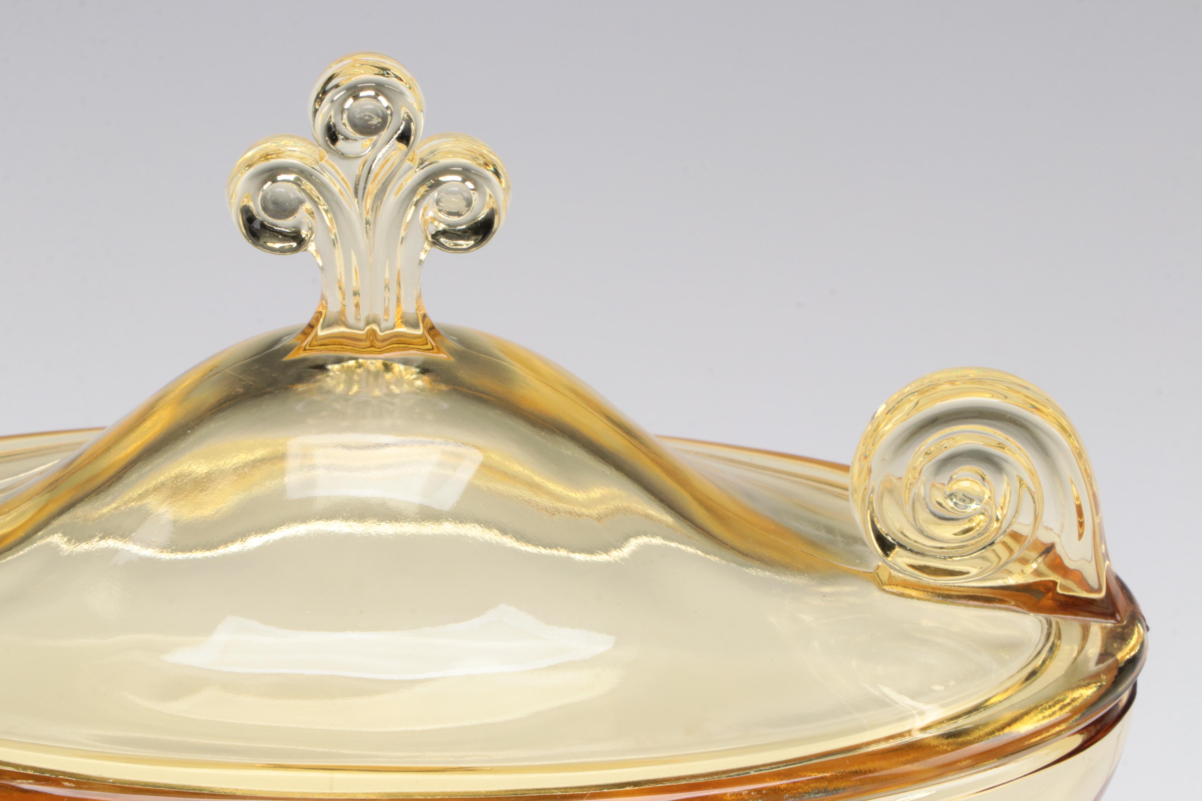 Schumann Pierced Rim Fruit Motif Porcelain Plates with Fostoria Glass Candy Box