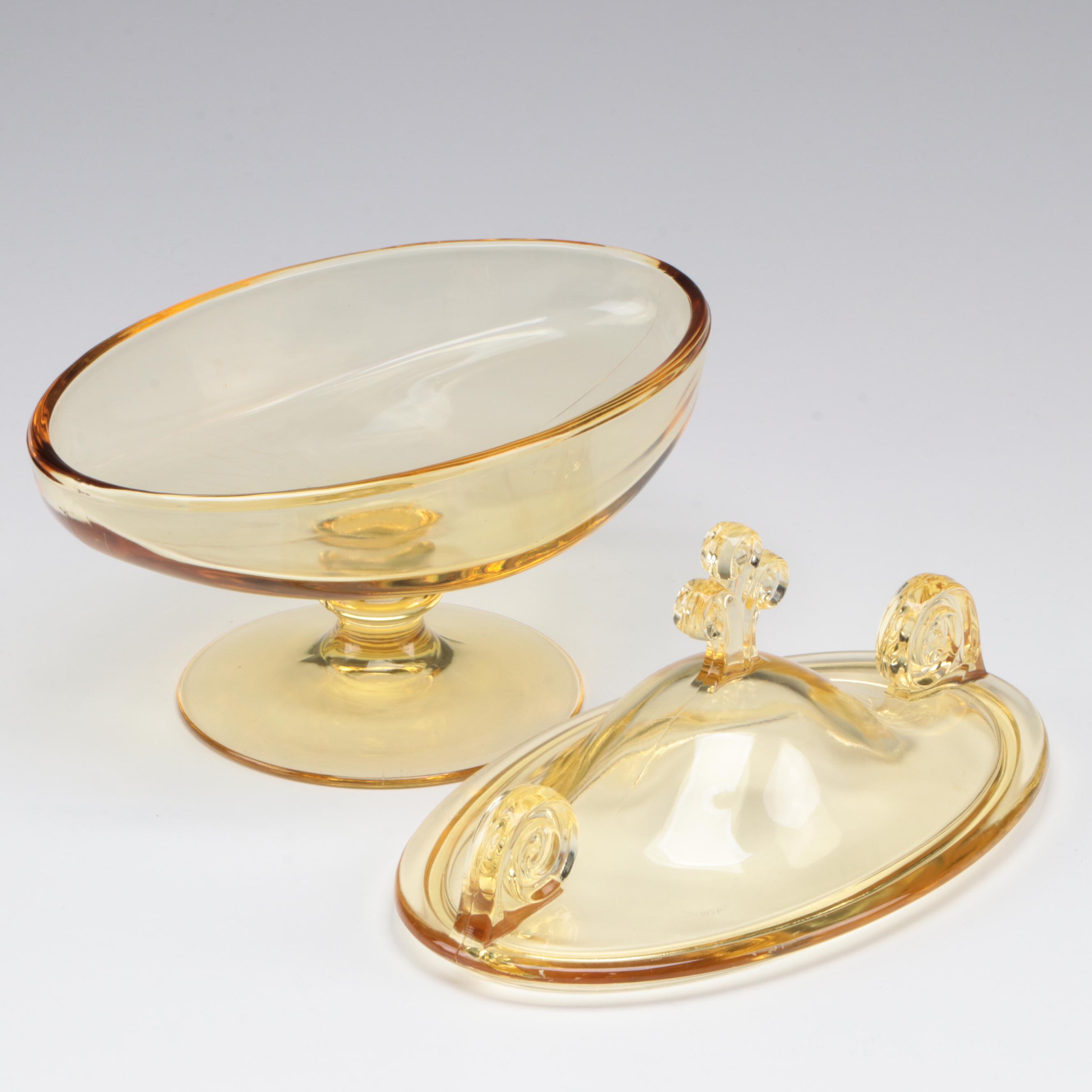 Schumann Pierced Rim Fruit Motif Porcelain Plates with Fostoria Glass Candy Box