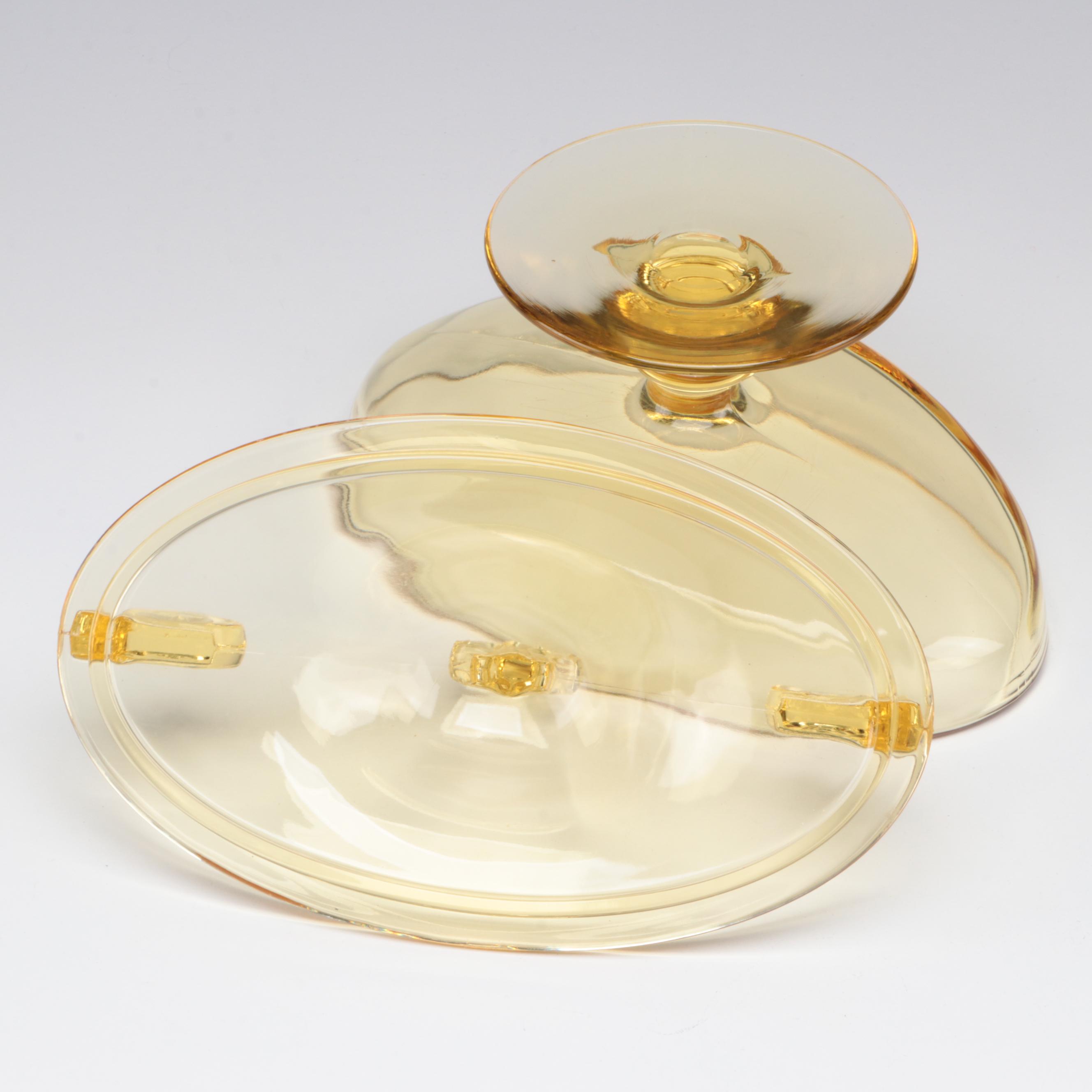 Schumann Pierced Rim Fruit Motif Porcelain Plates with Fostoria Glass Candy Box