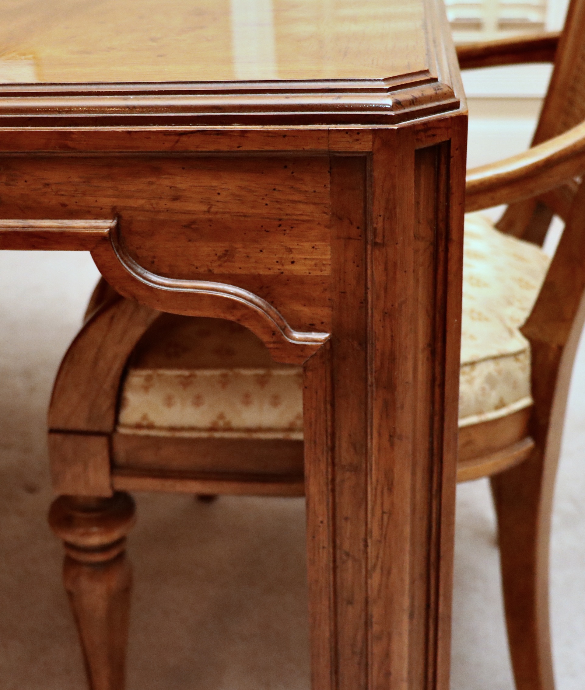 Drexel Heritage "Sketchbook" Burl and Pecan Dining Table and Cane-Back Chairs