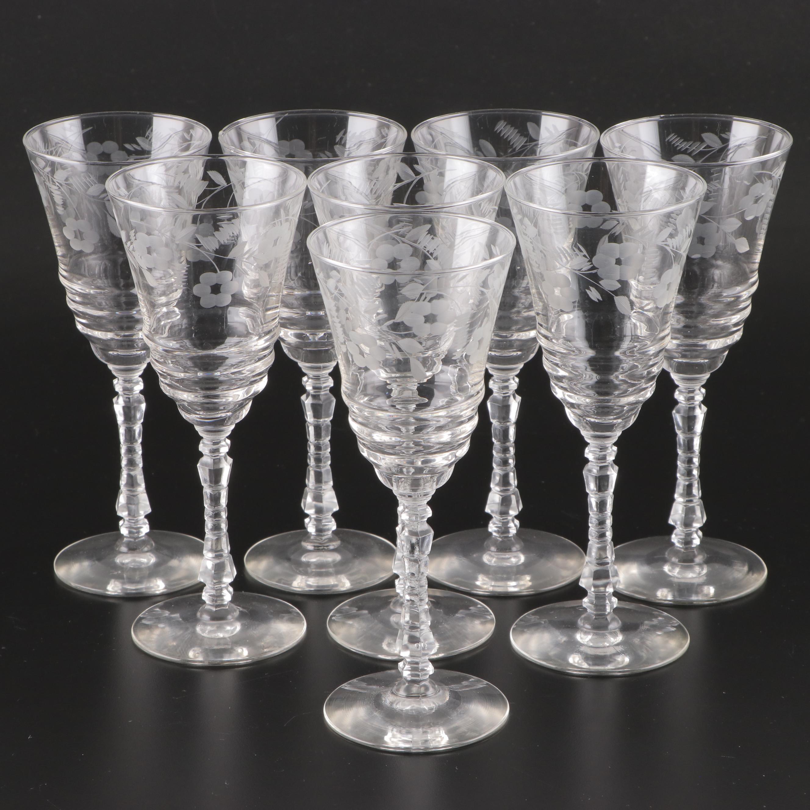Rock Sharpe Cut Floral Motif Glass Water Goblets, circa 1945