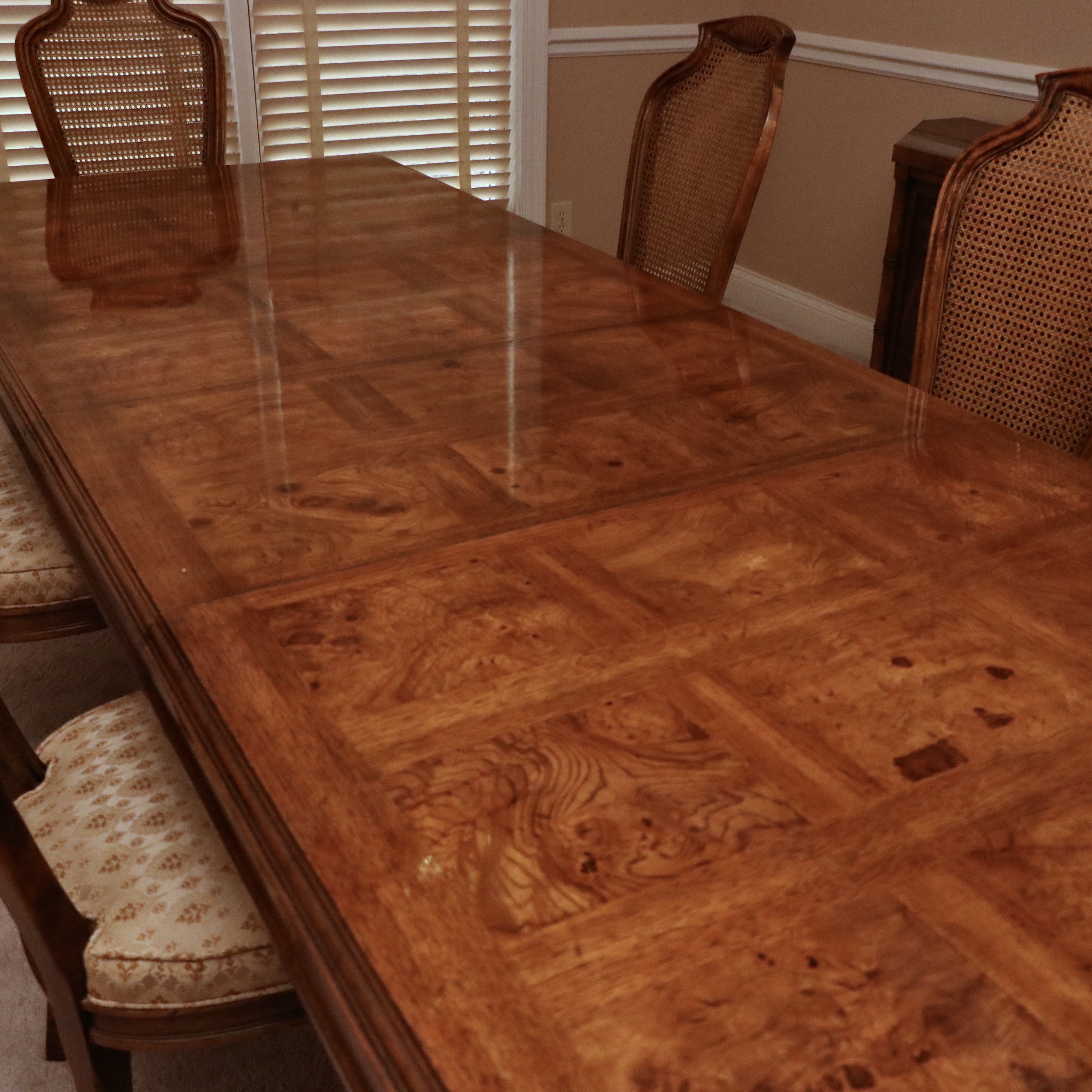 Drexel Heritage "Sketchbook" Burl and Pecan Dining Table and Cane-Back Chairs