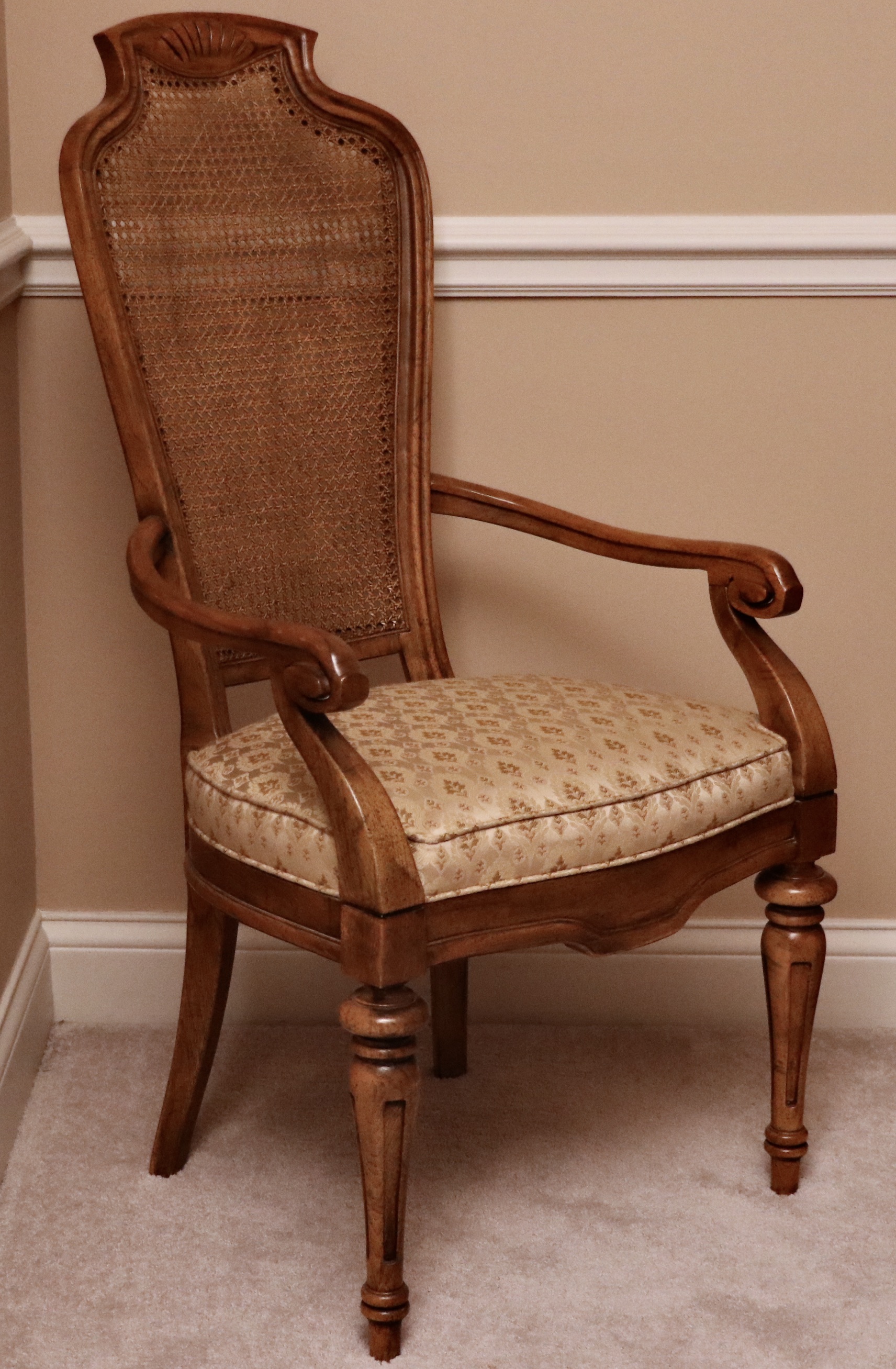 Drexel Heritage "Sketchbook" Burl and Pecan Dining Table and Cane-Back Chairs