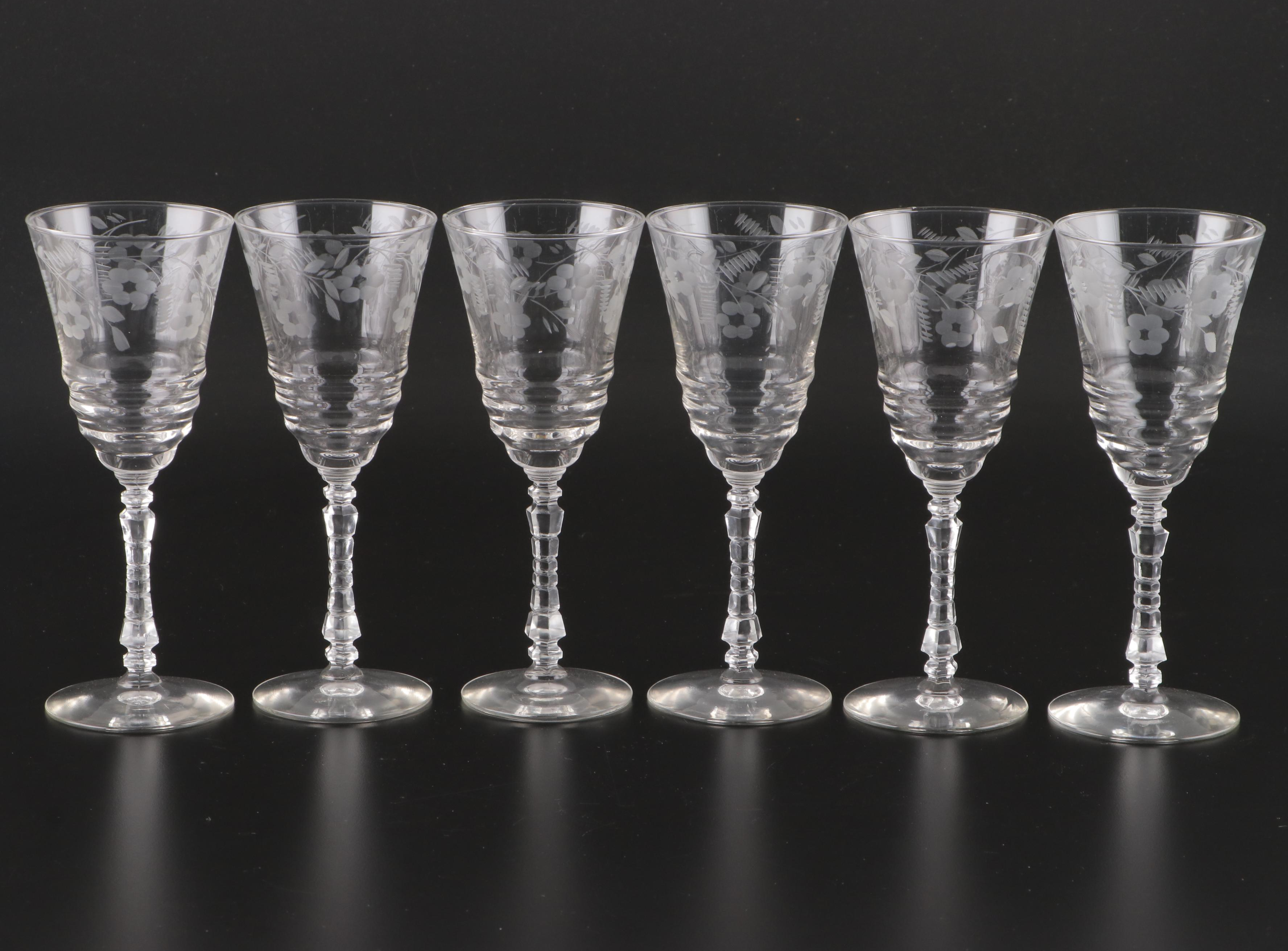 Rock Sharpe Cut Floral Motif Glass Water Goblets, circa 1945
