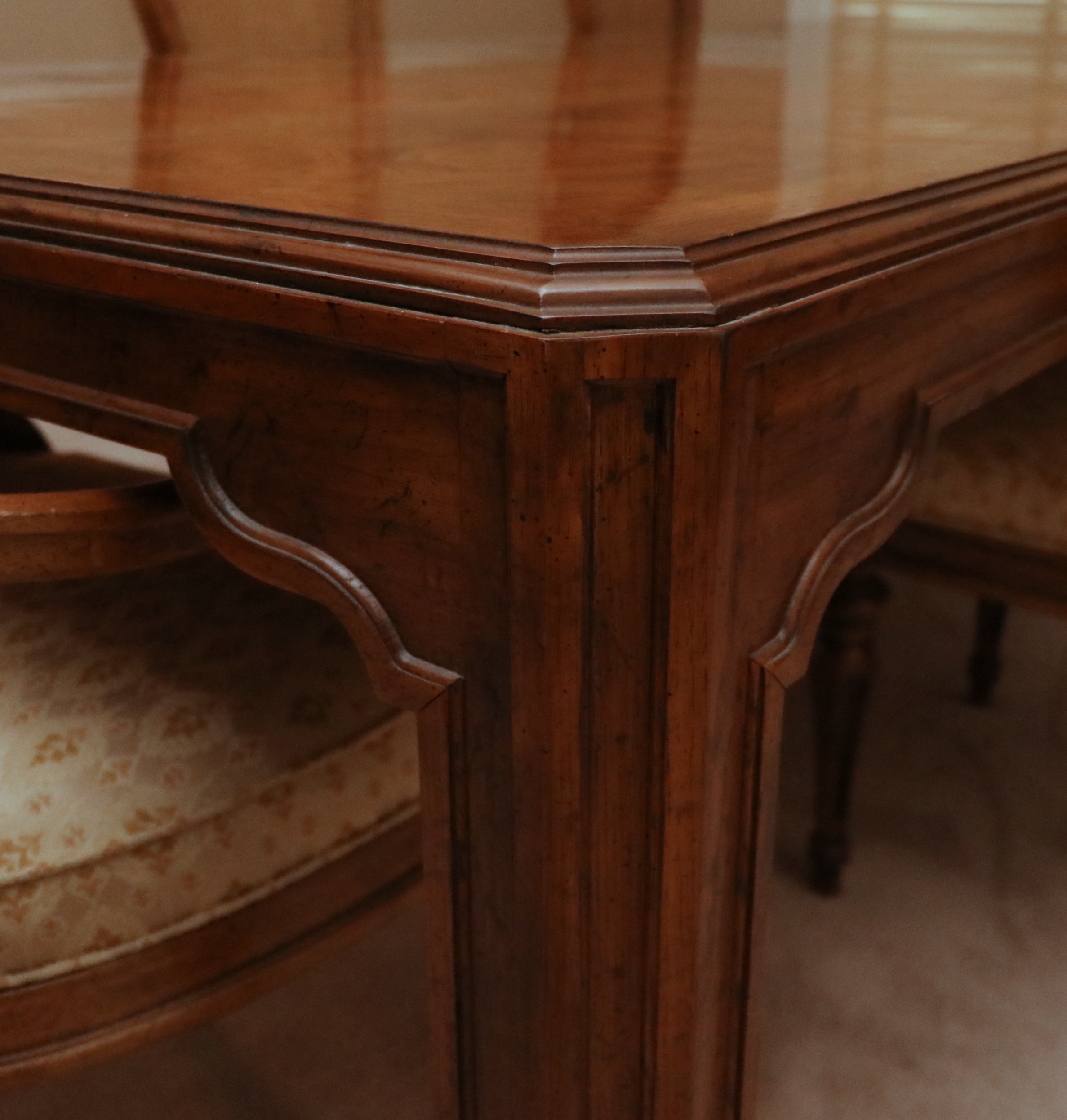 Drexel Heritage "Sketchbook" Burl and Pecan Dining Table and Cane-Back Chairs