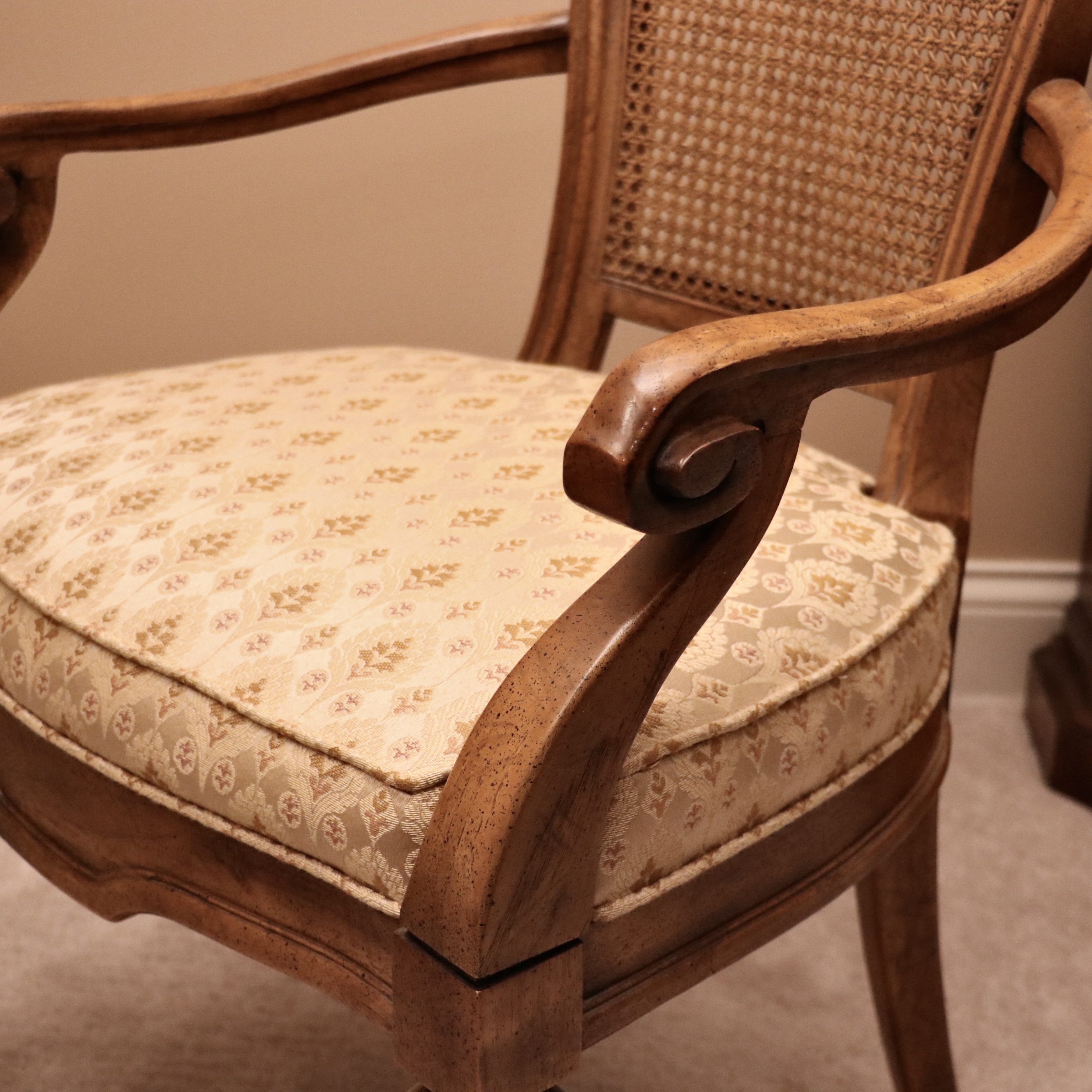 Drexel Heritage "Sketchbook" Burl and Pecan Dining Table and Cane-Back Chairs
