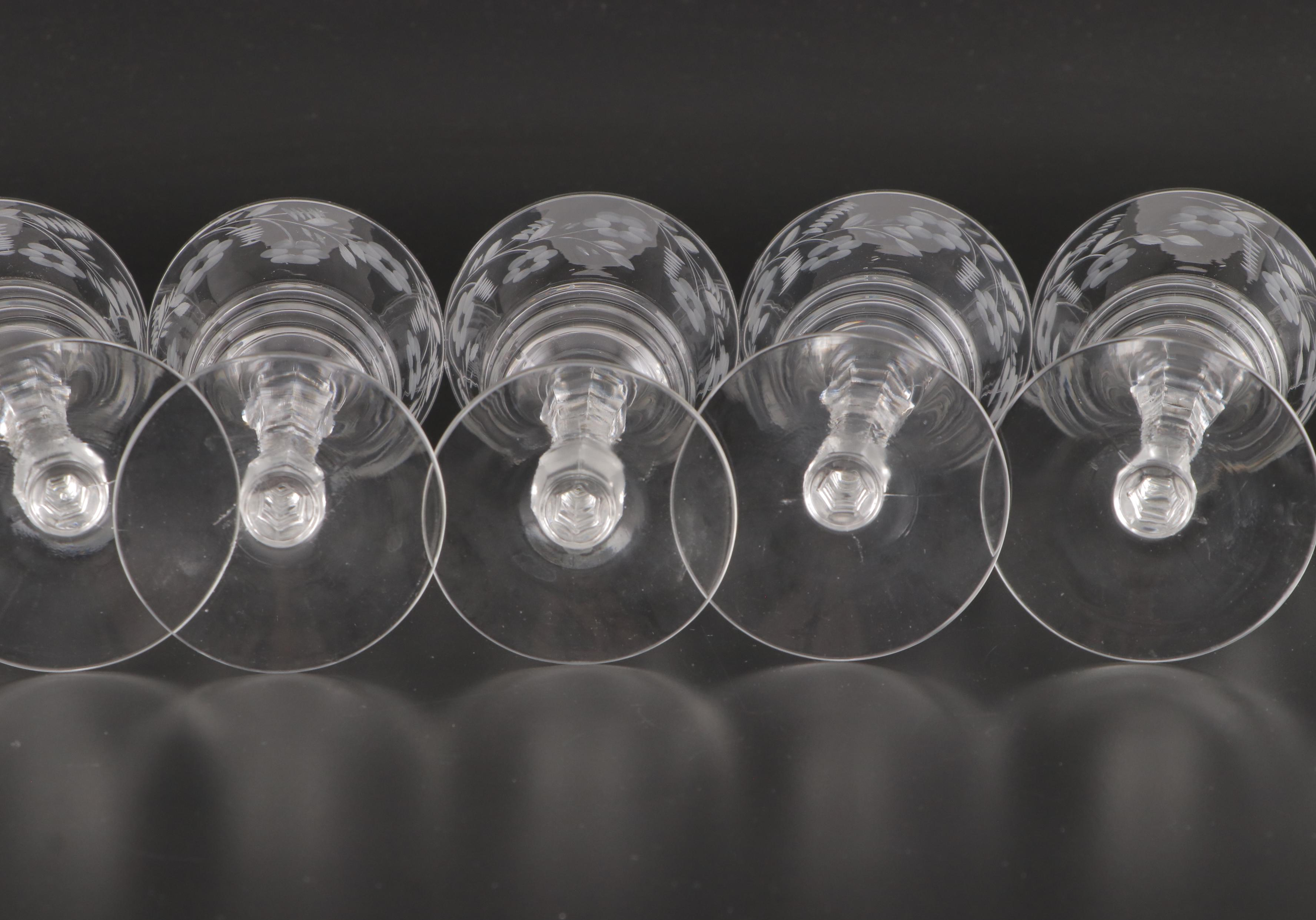 Rock Sharpe Cut Floral Motif Glass Water Goblets, circa 1945