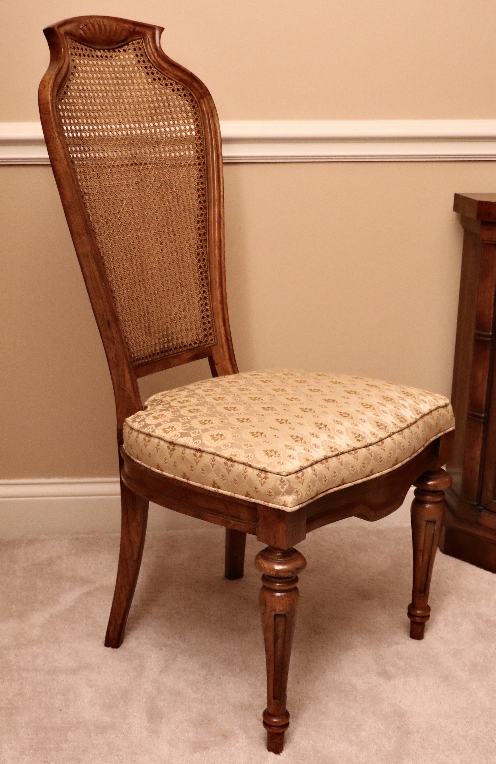 Drexel Heritage "Sketchbook" Burl and Pecan Dining Table and Cane-Back Chairs