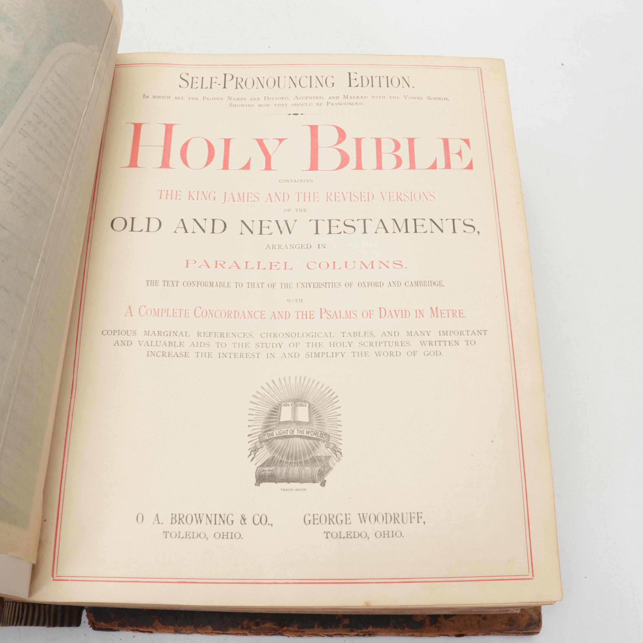 Leather Bound Self-Pronouncing Holy Bible, 1892