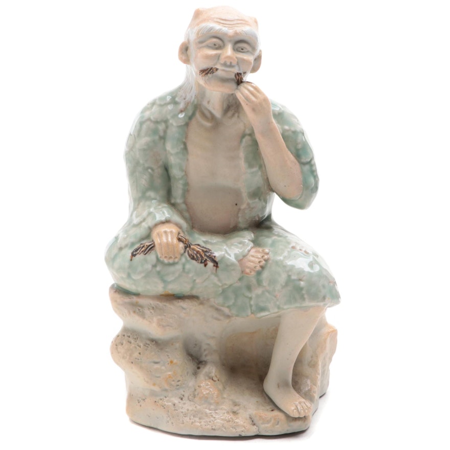 Chinese Shiwan Pottery Figurine of Seated Old Man