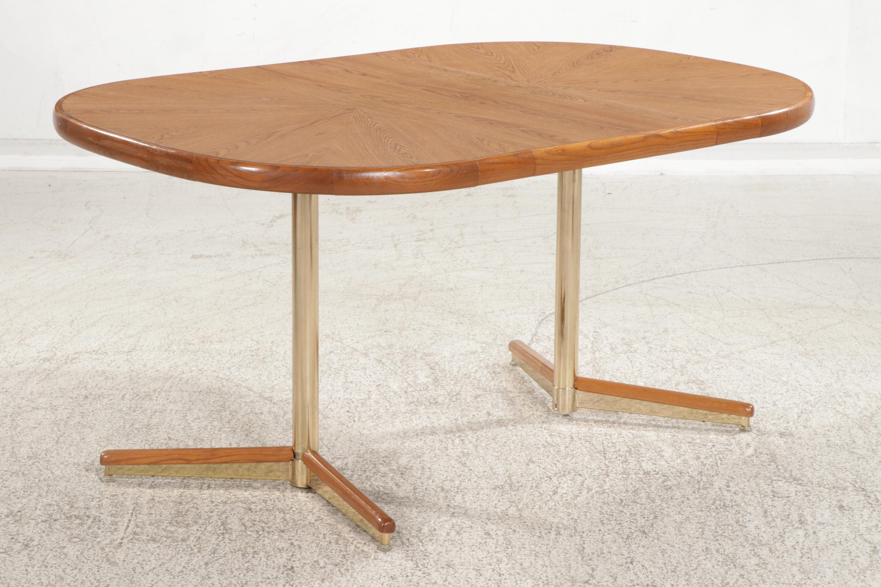 Chromcraft Modernist Oak and Brass Seven-Piece Dining Set, circa 1980