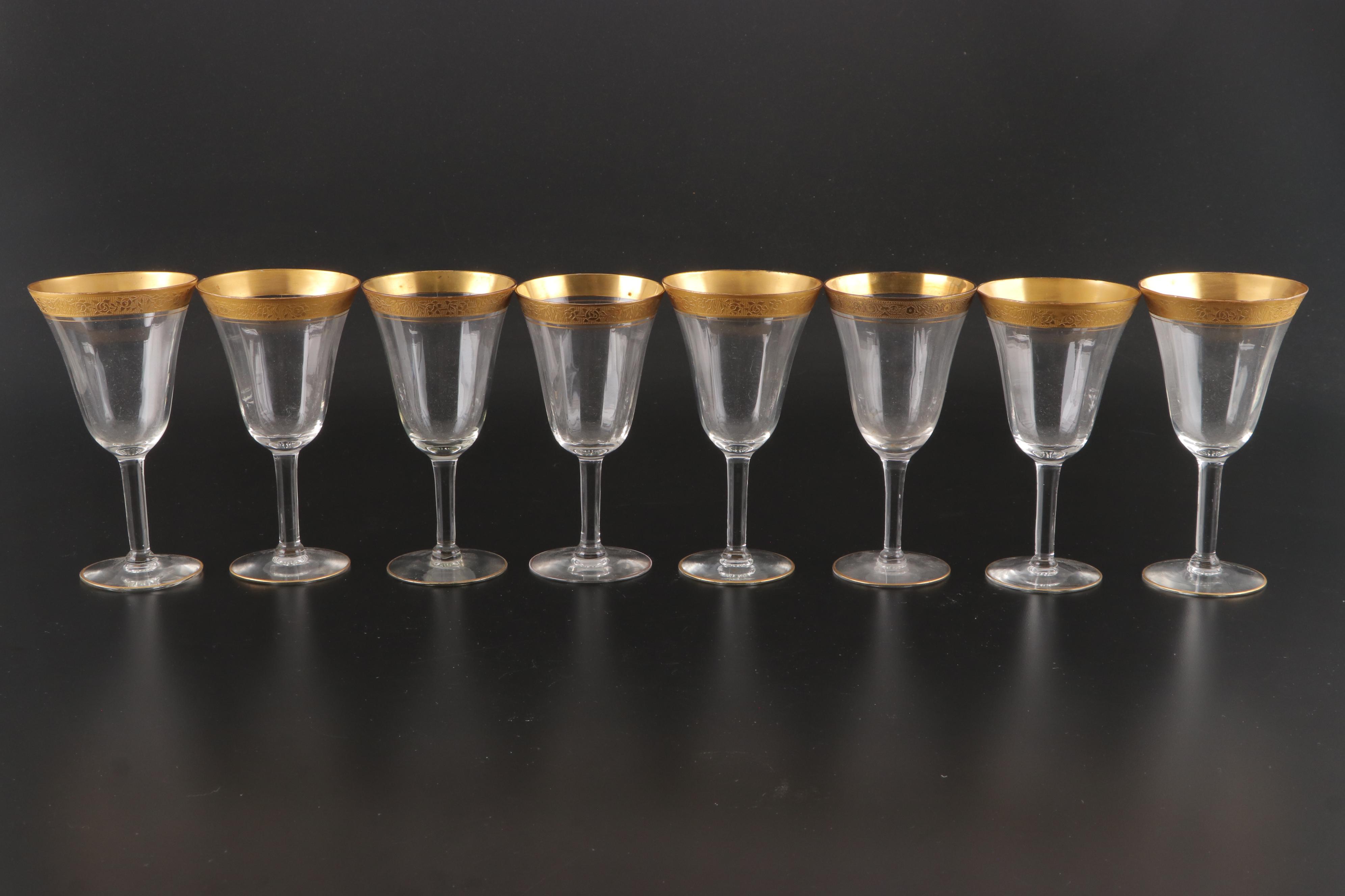 Tiffin-Franciscan Gilt Encrusted Rimmed Optic Glass Water Goblets and More