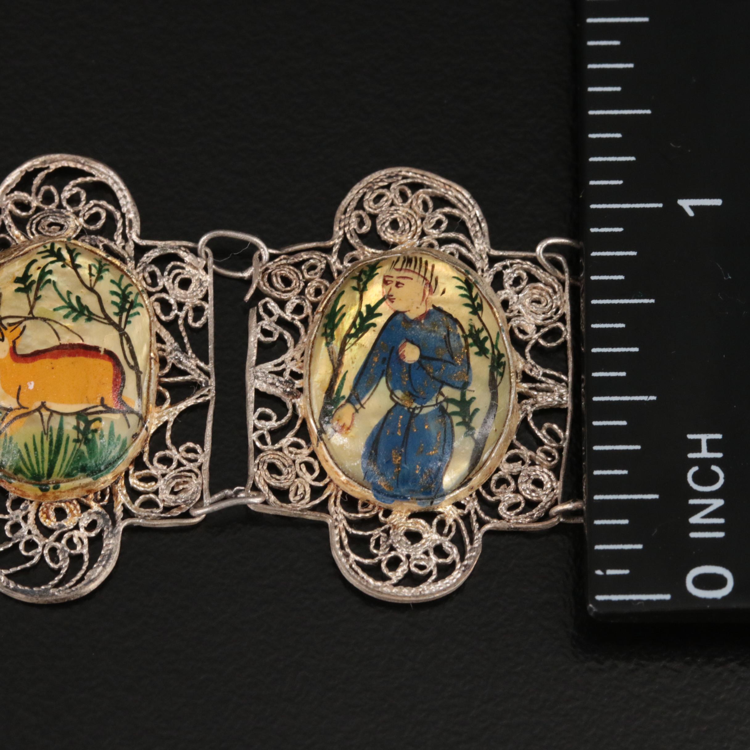 Sterling Mother-of-Pearl Filigree Floral and Nature Theme Panel Bracelet