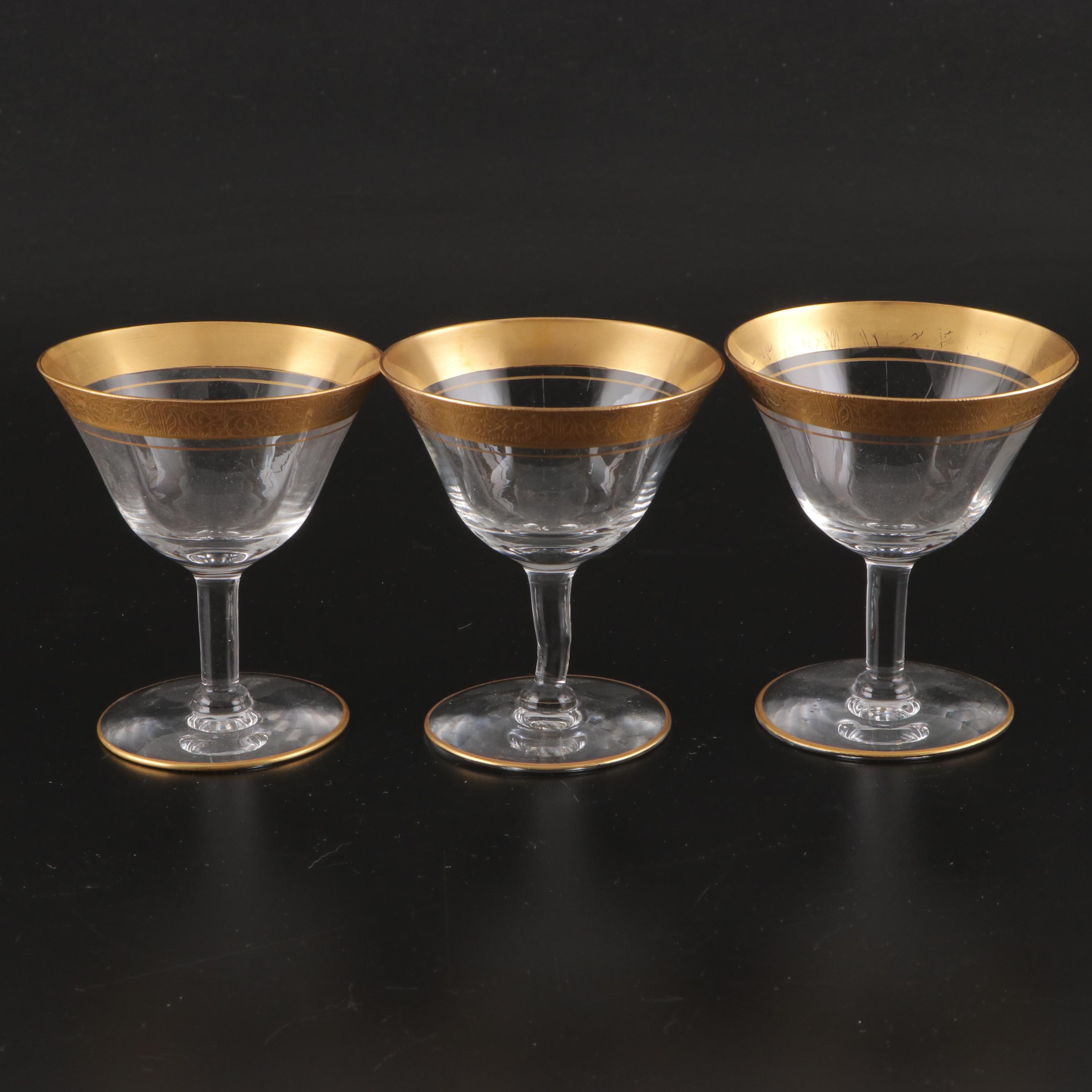 Tiffin-Franciscan Gilt Encrusted Rimmed Optic Glass Water Goblets and More