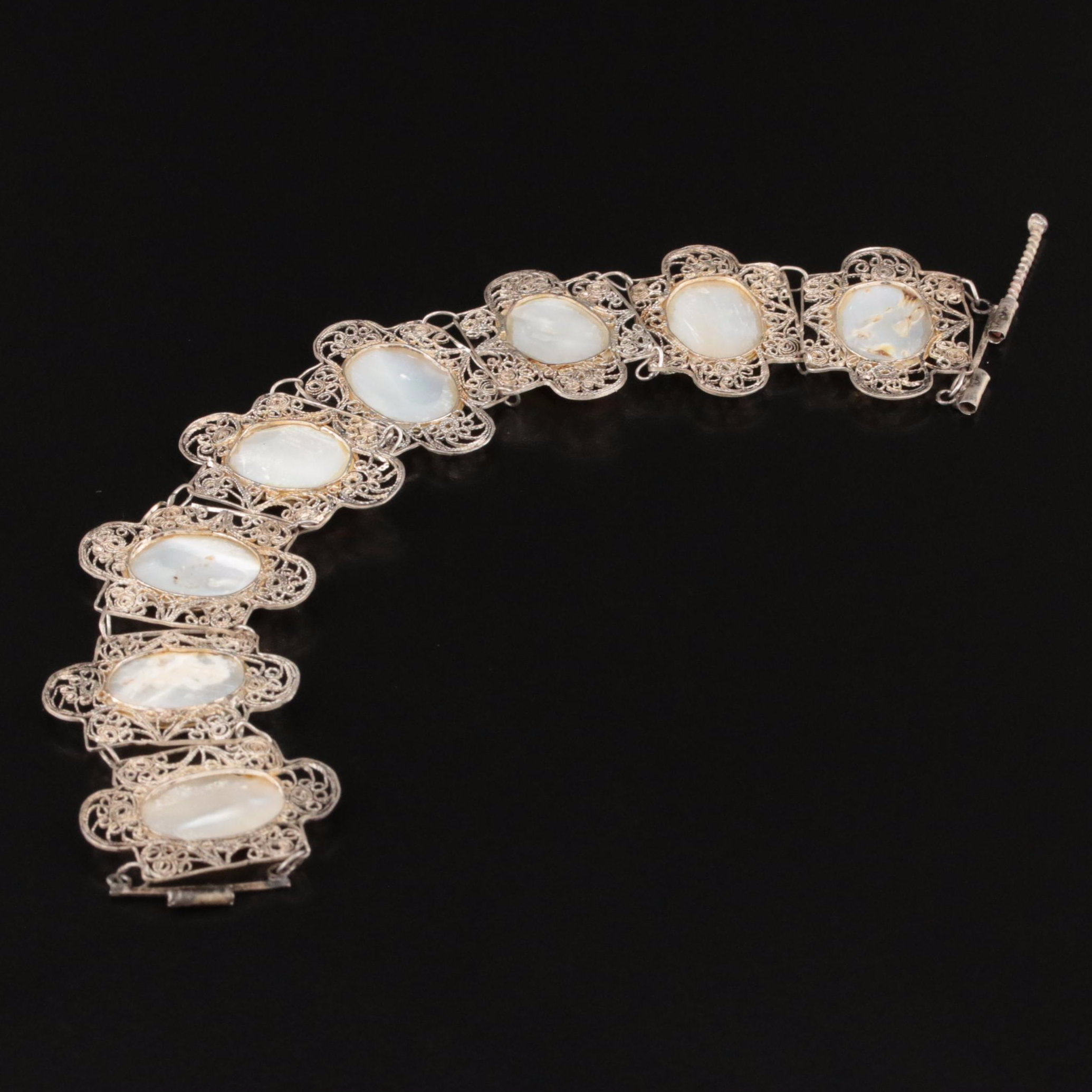Sterling Mother-of-Pearl Filigree Floral and Nature Theme Panel Bracelet
