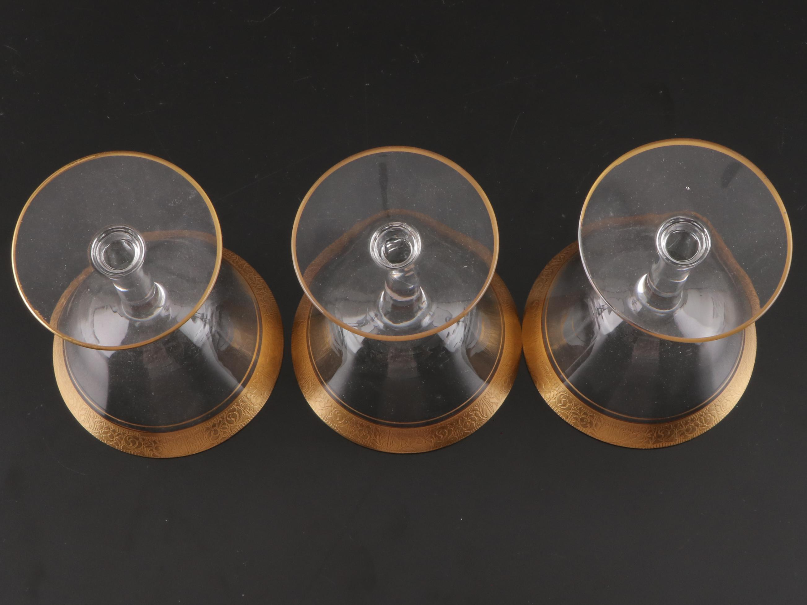 Tiffin-Franciscan Gilt Encrusted Rimmed Optic Glass Water Goblets and More