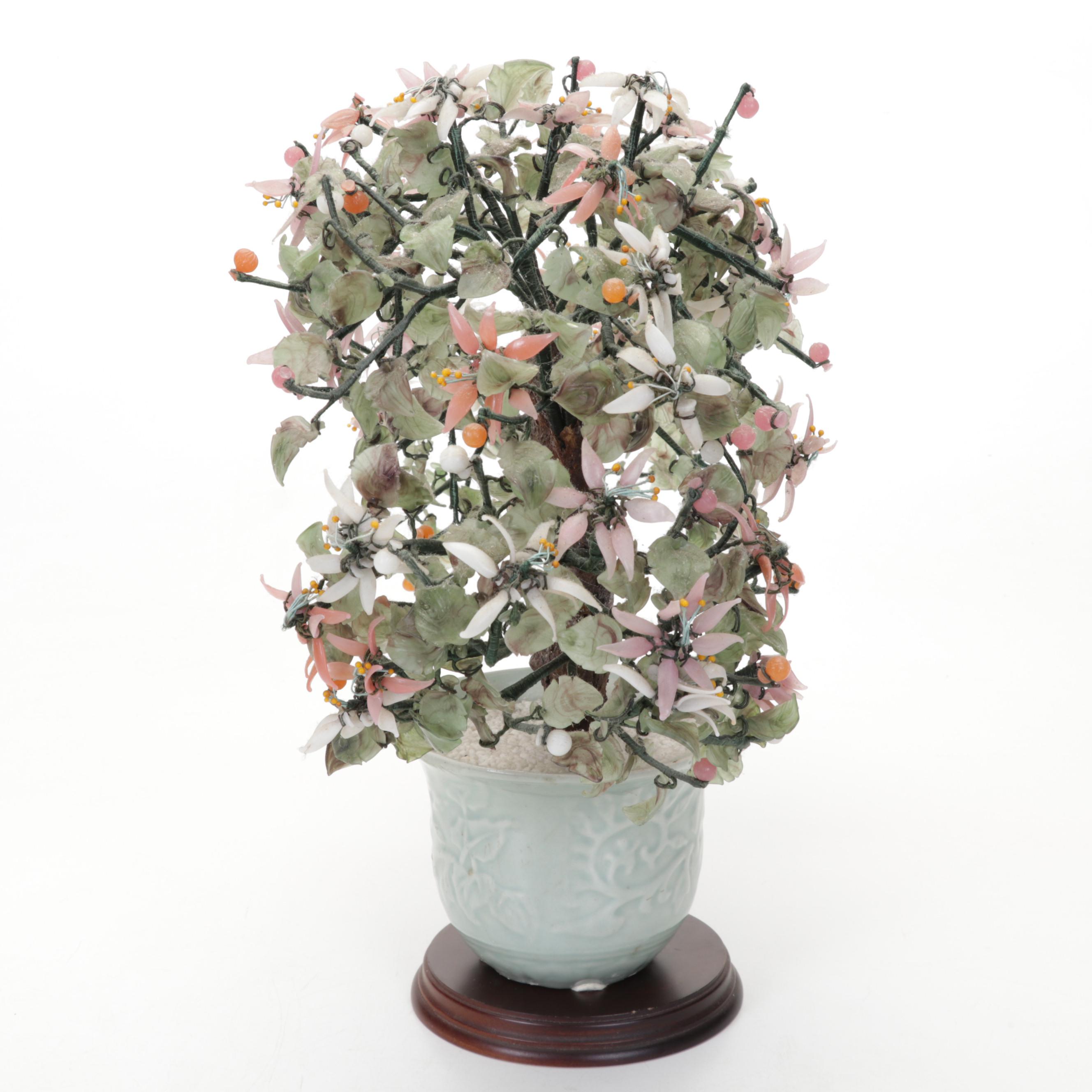 Chinese Soapstone, Serpentine, Glass and Rose Quartz Bonsai Trees