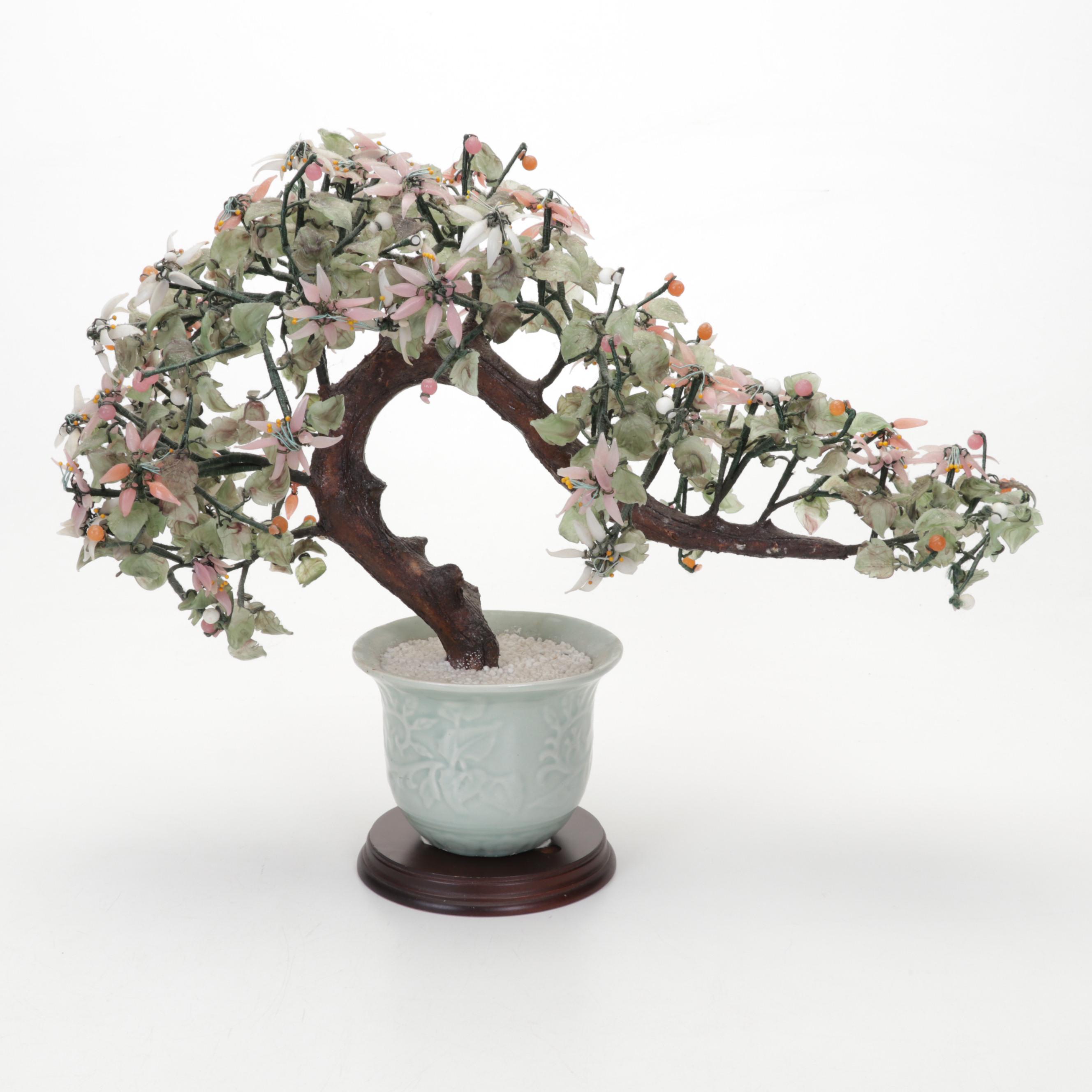 Chinese Soapstone, Serpentine, Glass and Rose Quartz Bonsai Trees