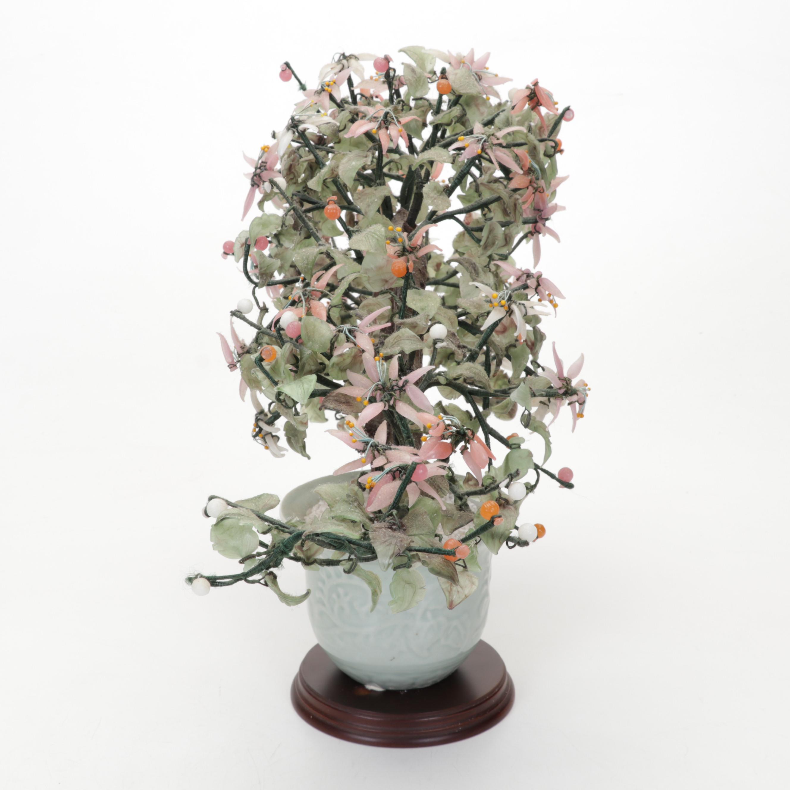 Chinese Soapstone, Serpentine, Glass and Rose Quartz Bonsai Trees