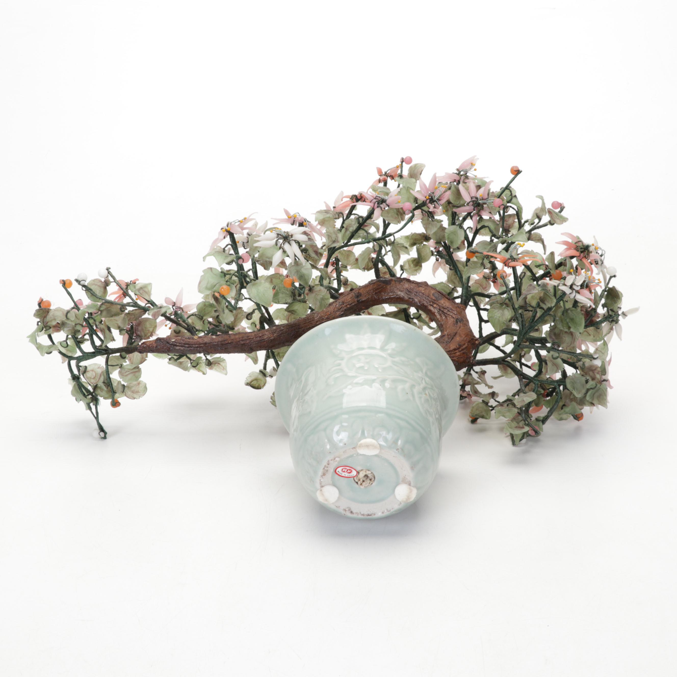 Chinese Soapstone, Serpentine, Glass and Rose Quartz Bonsai Trees