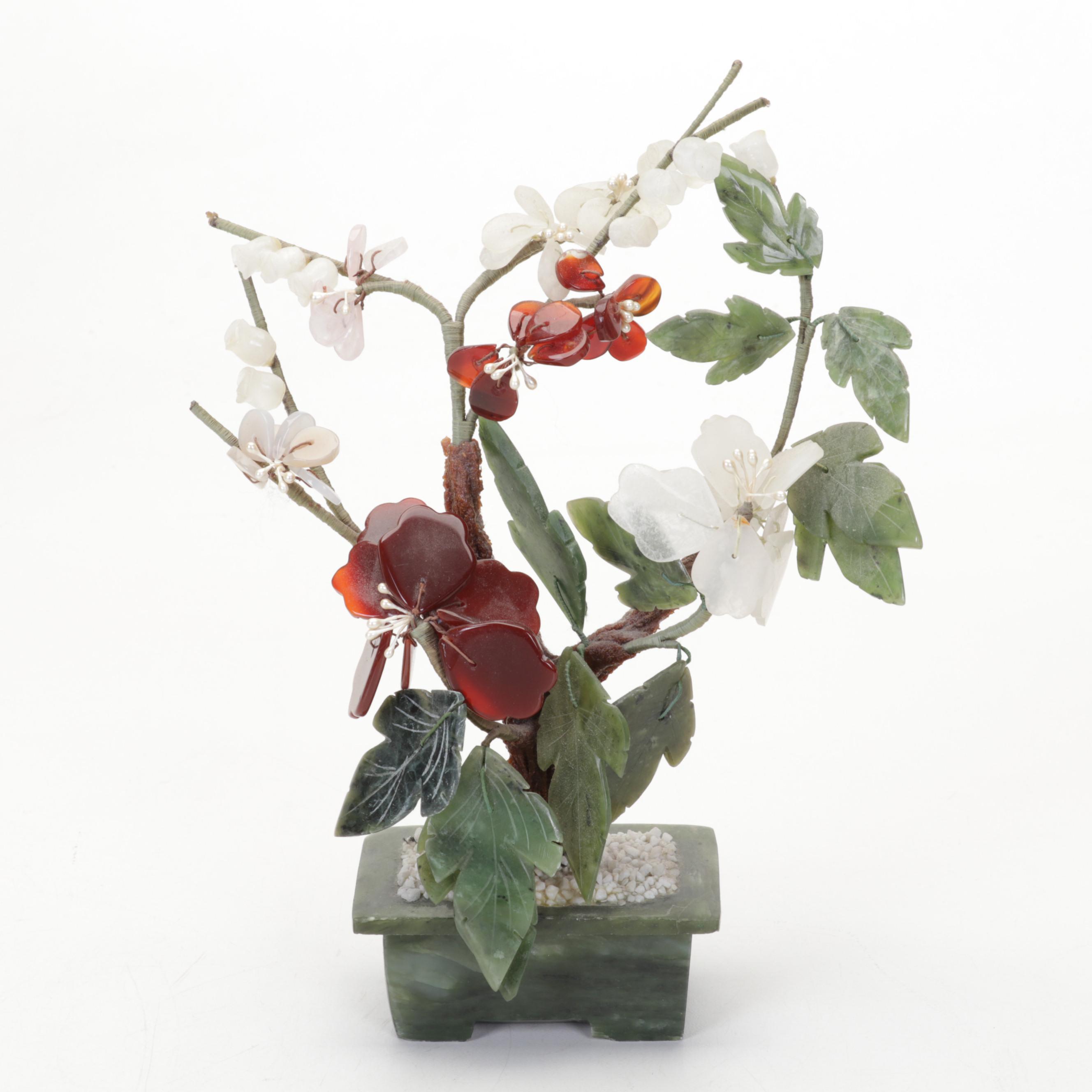 Chinese Soapstone, Serpentine, Glass and Rose Quartz Bonsai Trees