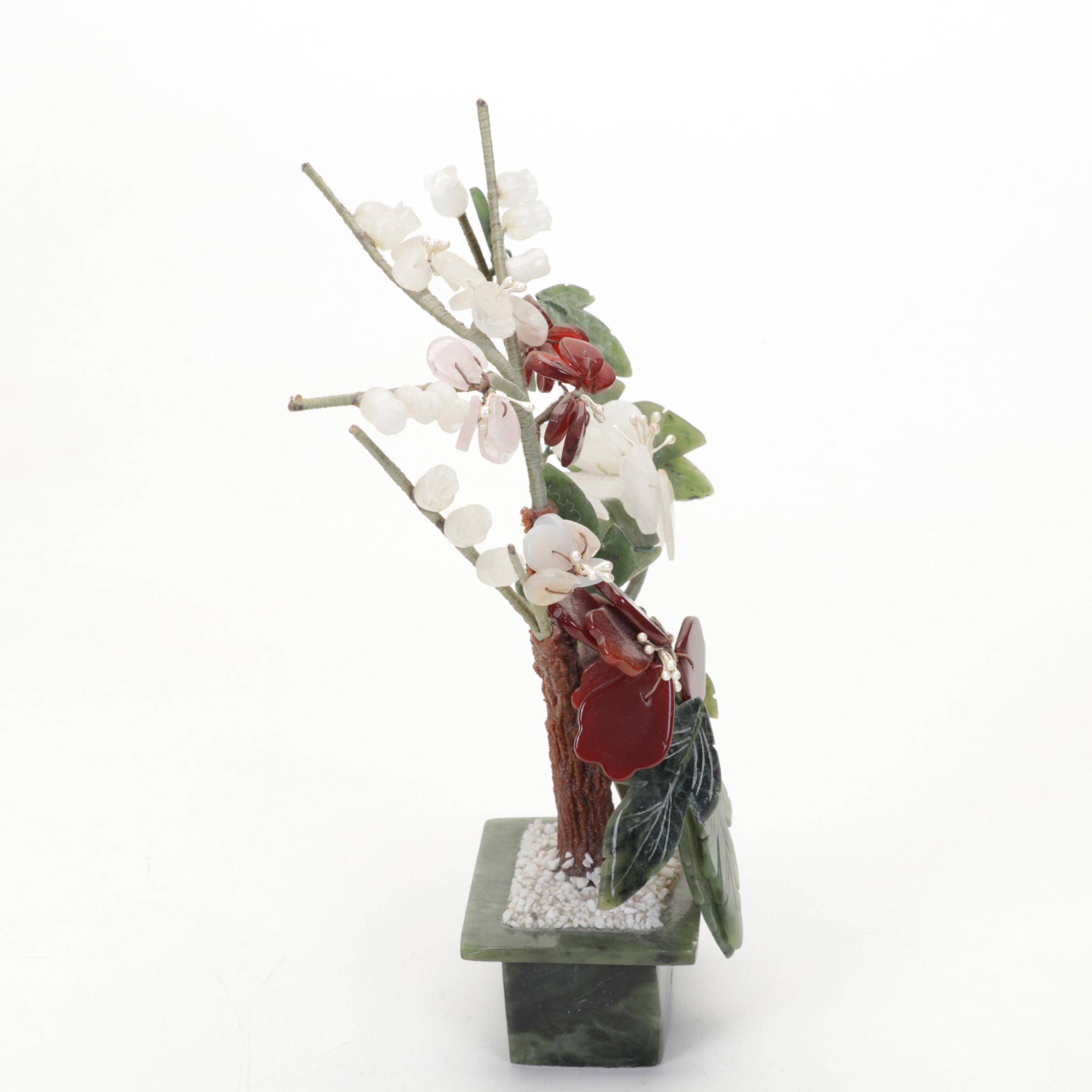 Chinese Soapstone, Serpentine, Glass and Rose Quartz Bonsai Trees