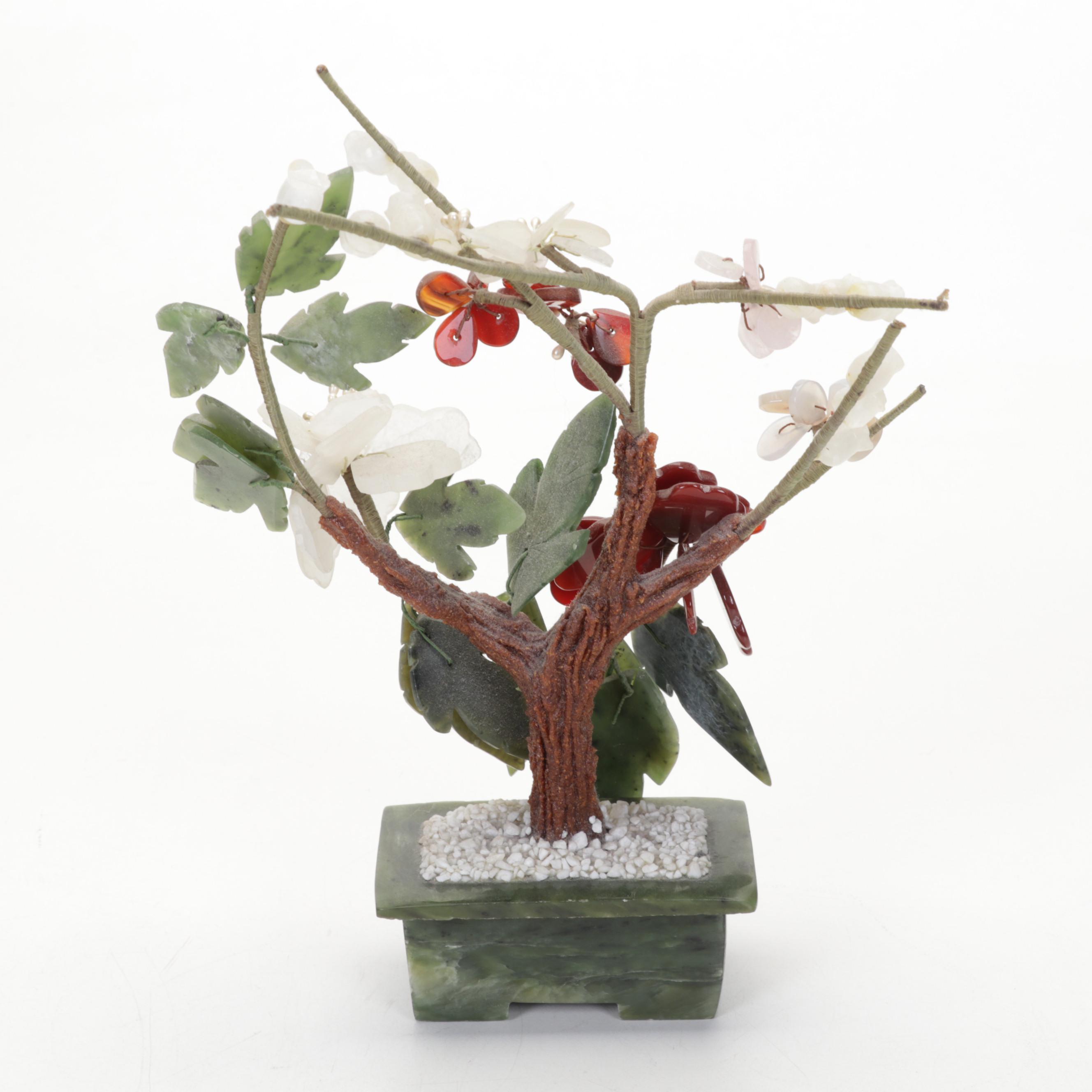 Chinese Soapstone, Serpentine, Glass and Rose Quartz Bonsai Trees