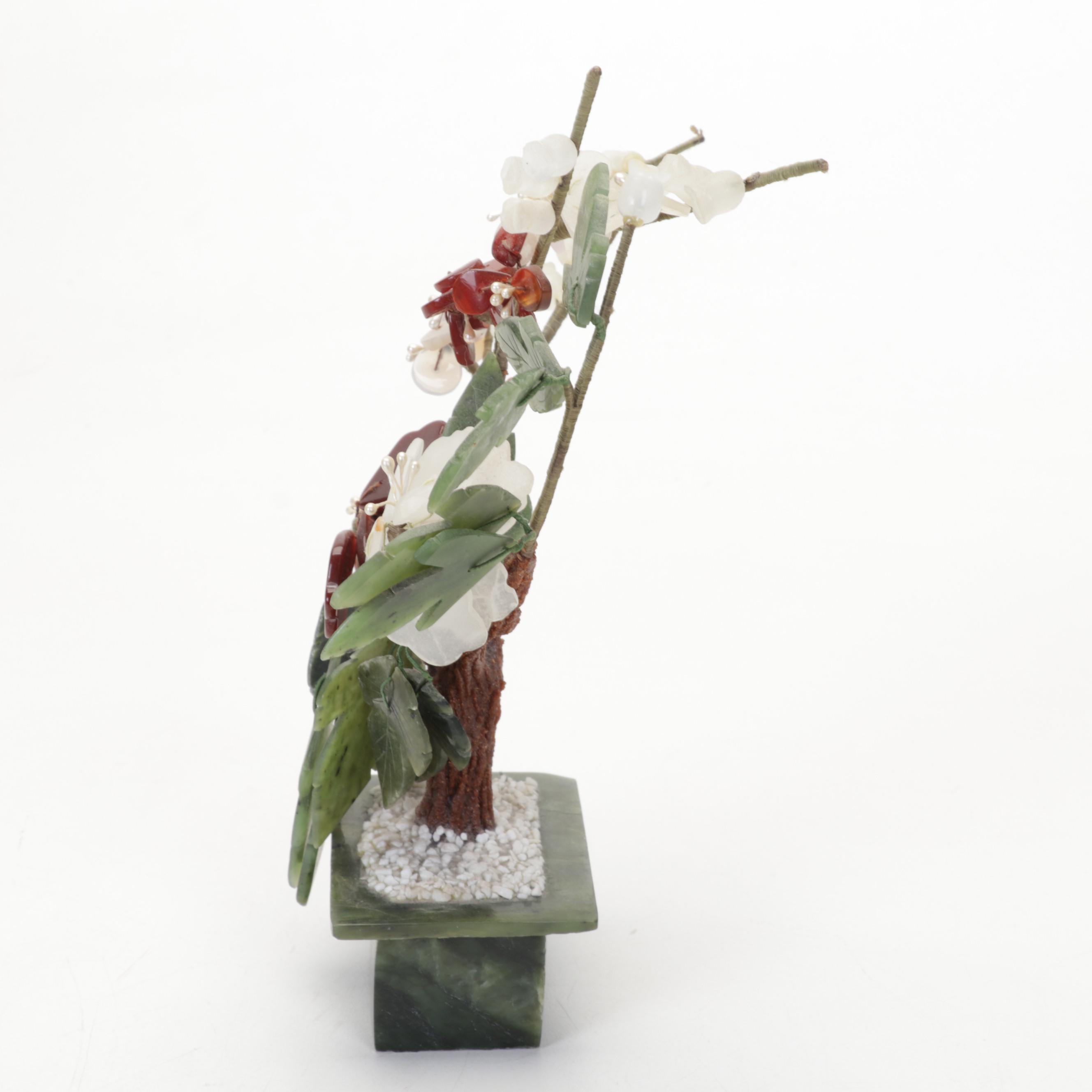 Chinese Soapstone, Serpentine, Glass and Rose Quartz Bonsai Trees