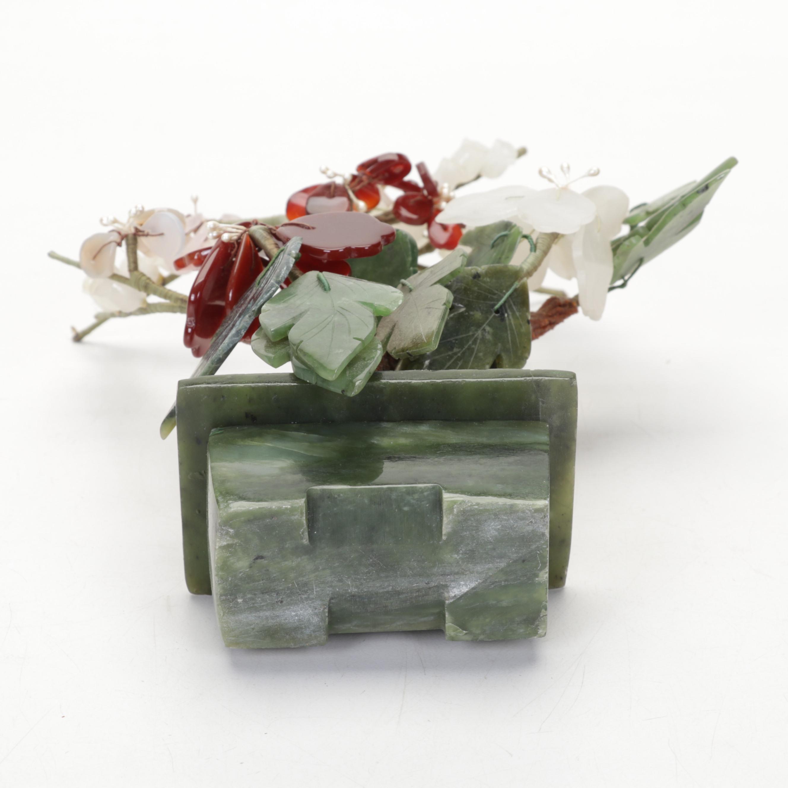 Chinese Soapstone, Serpentine, Glass and Rose Quartz Bonsai Trees