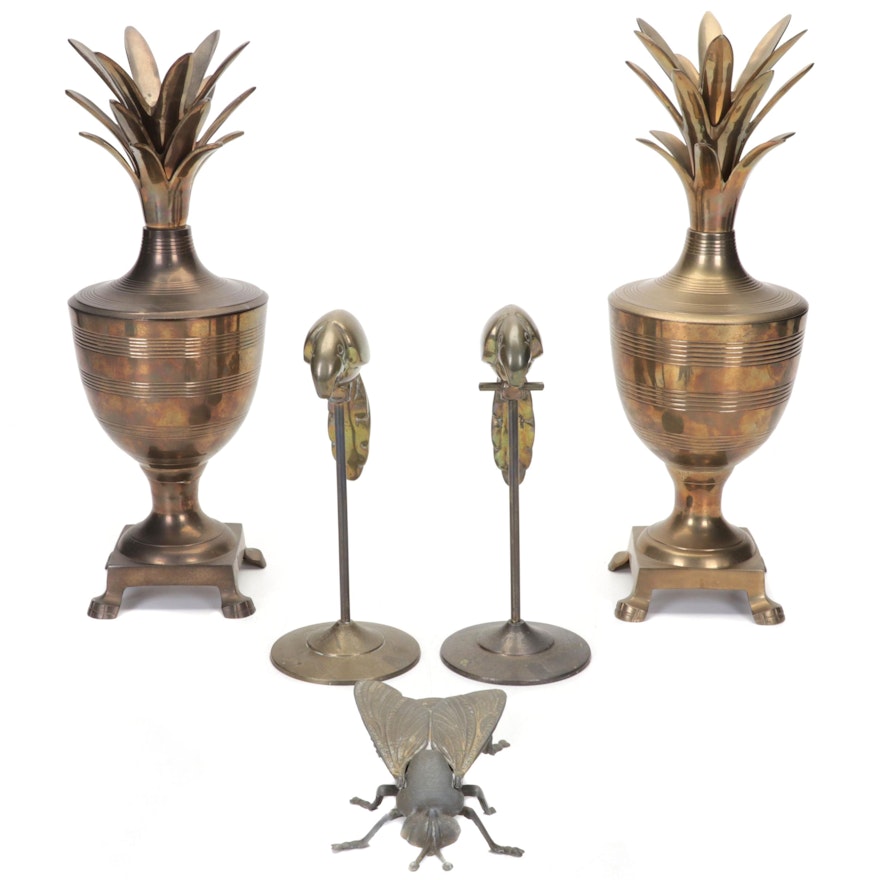 Brass and Metal Fly Ashtray with Brass Parrot Figurines and Pineapple Urns