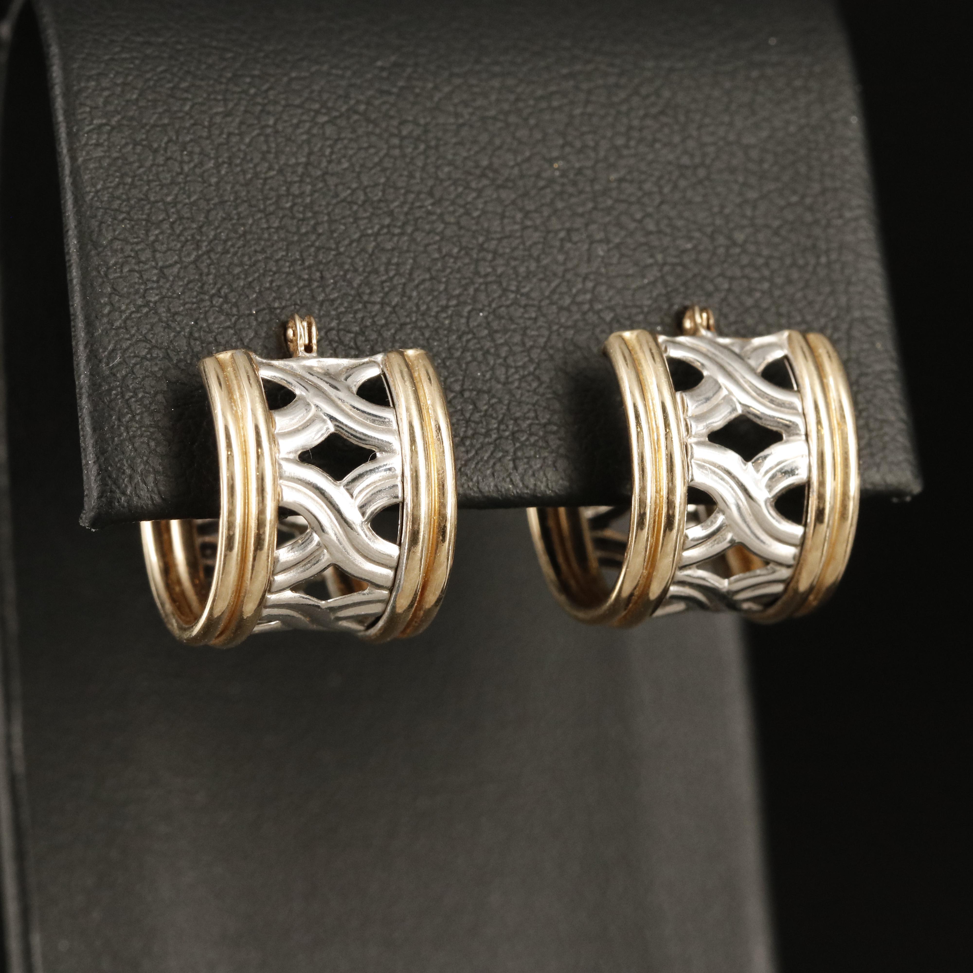 14K Two Tone Openwork Hoop Earrings