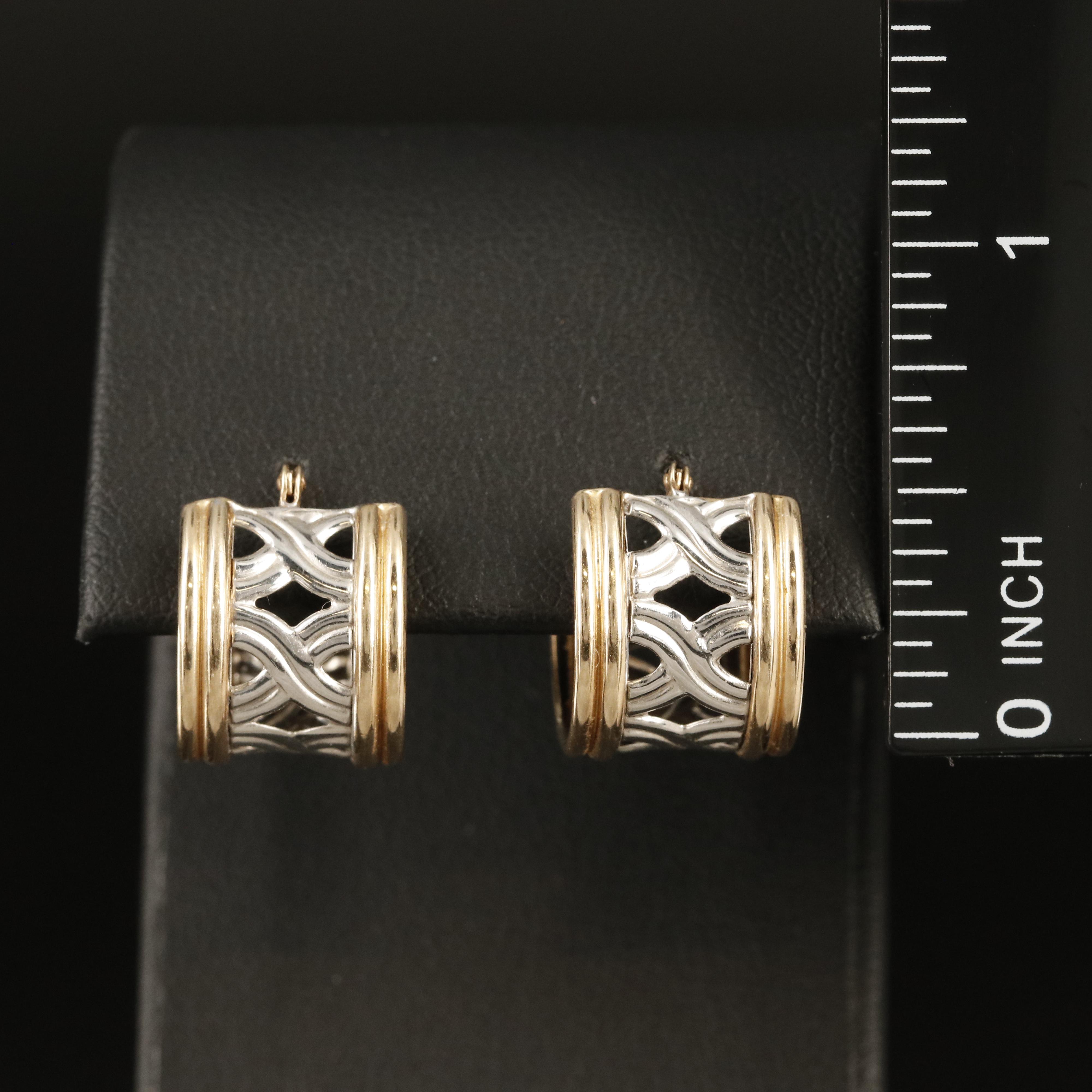 14K Two Tone Openwork Hoop Earrings