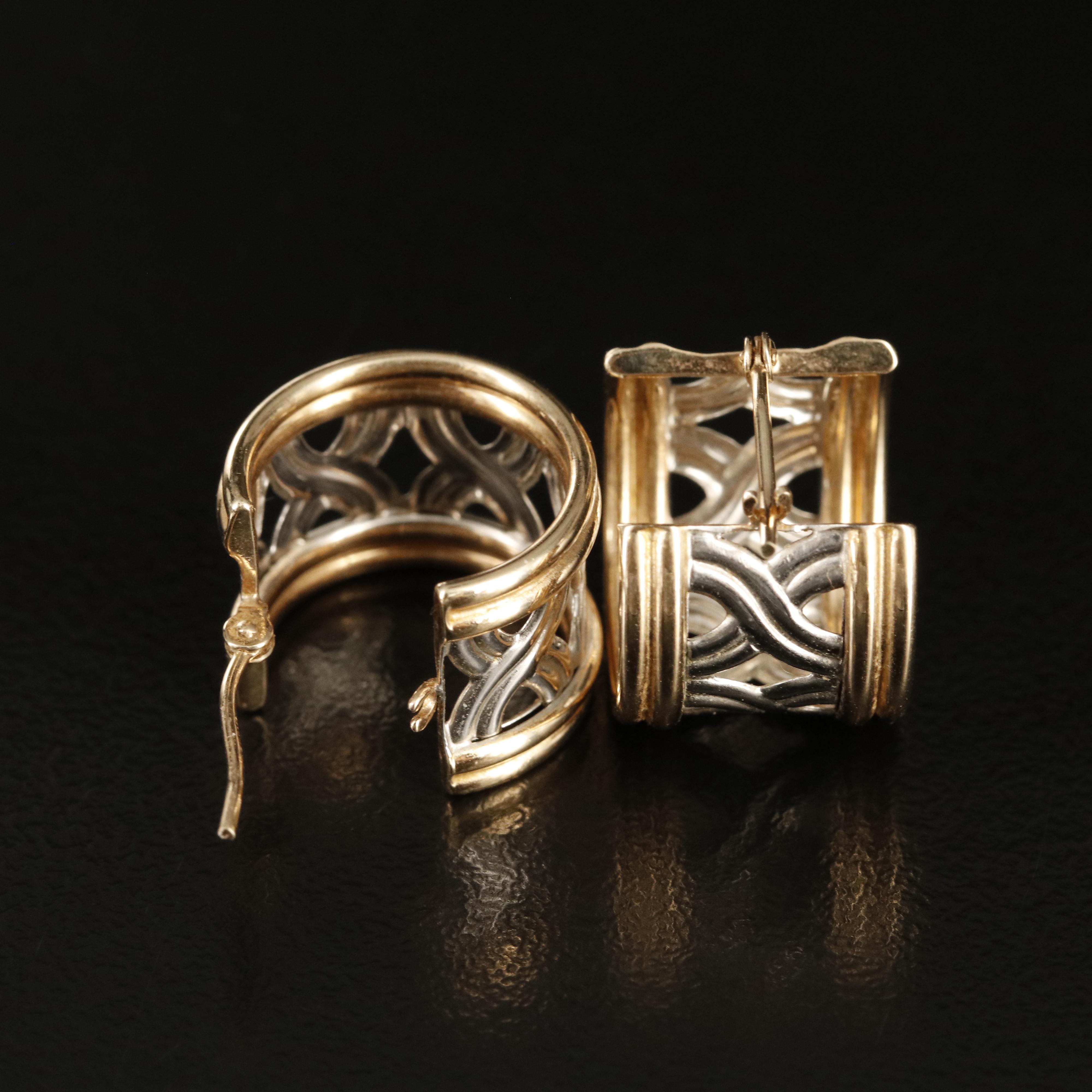 14K Two Tone Openwork Hoop Earrings