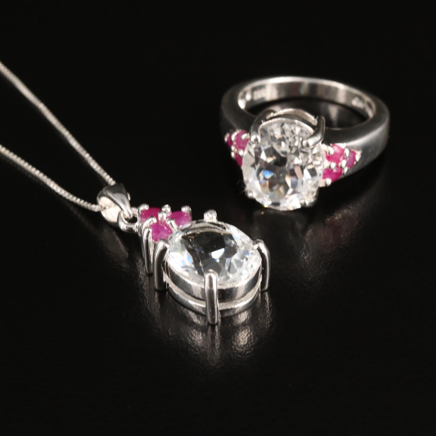 Sterling Topaz and Ruby Ring and Necklace