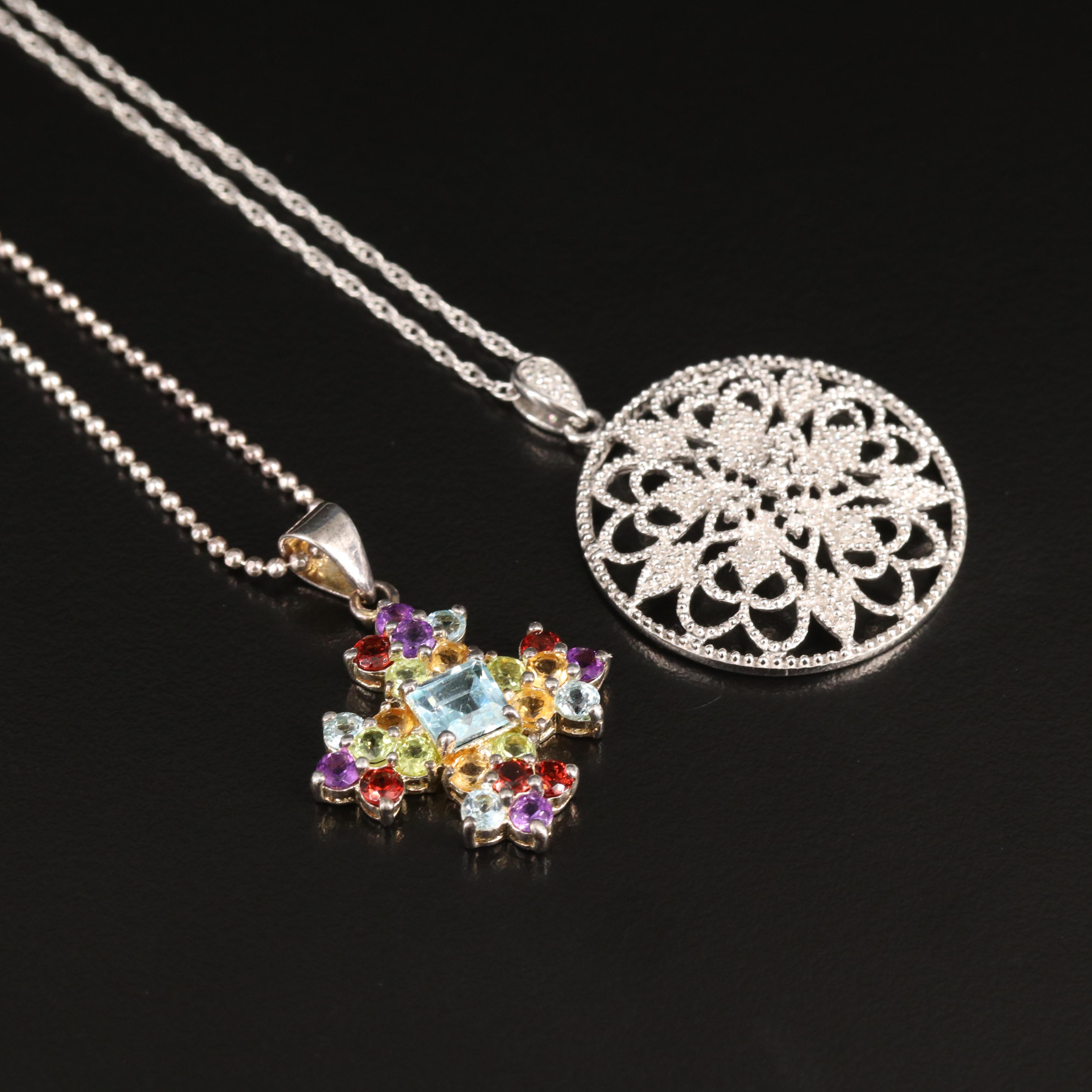 Sterling Gemstone Pendant Necklaces Including Swiss Blue Topaz and Diamond