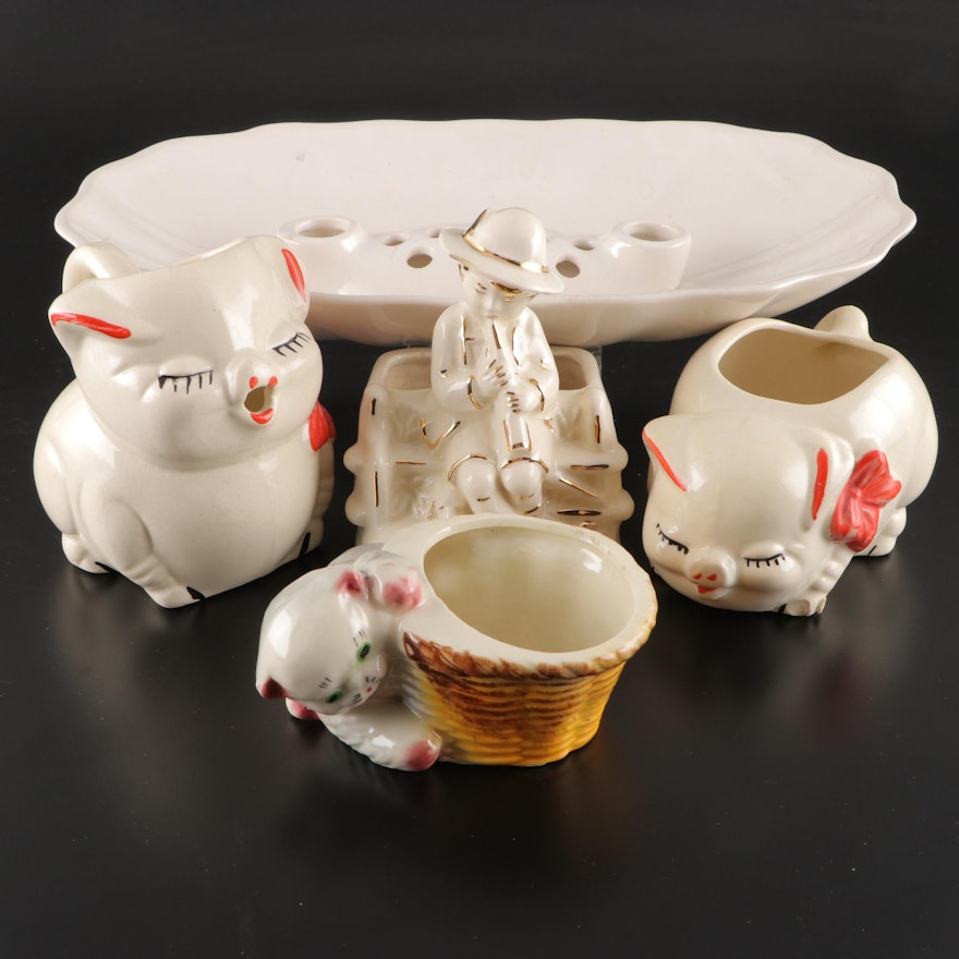 Shawnee Pottery Pig Cream and Sugar Set with Centerpiece Bowl and Planters