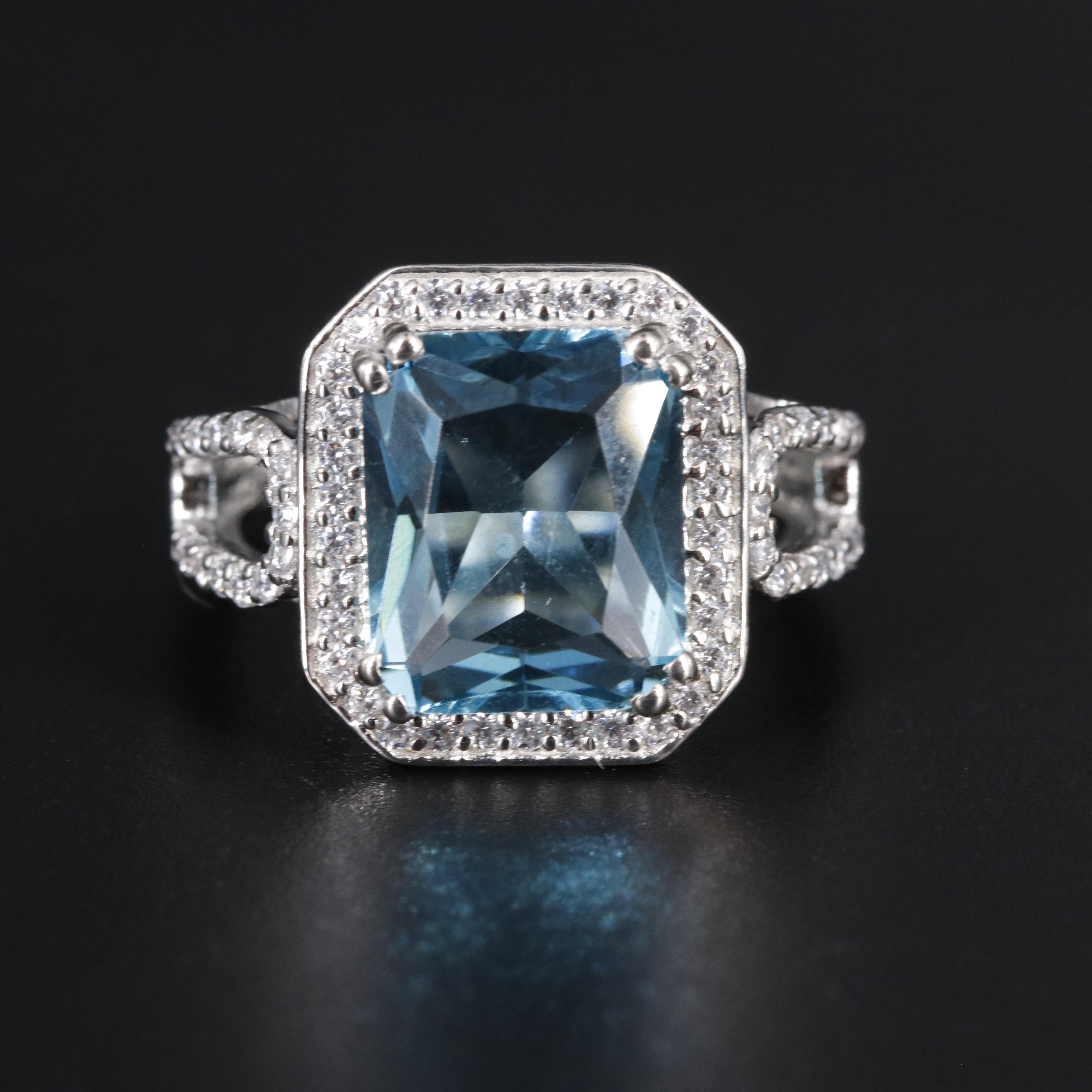 Sterling Silver Aquamarine and Cubic Zirconia Ring