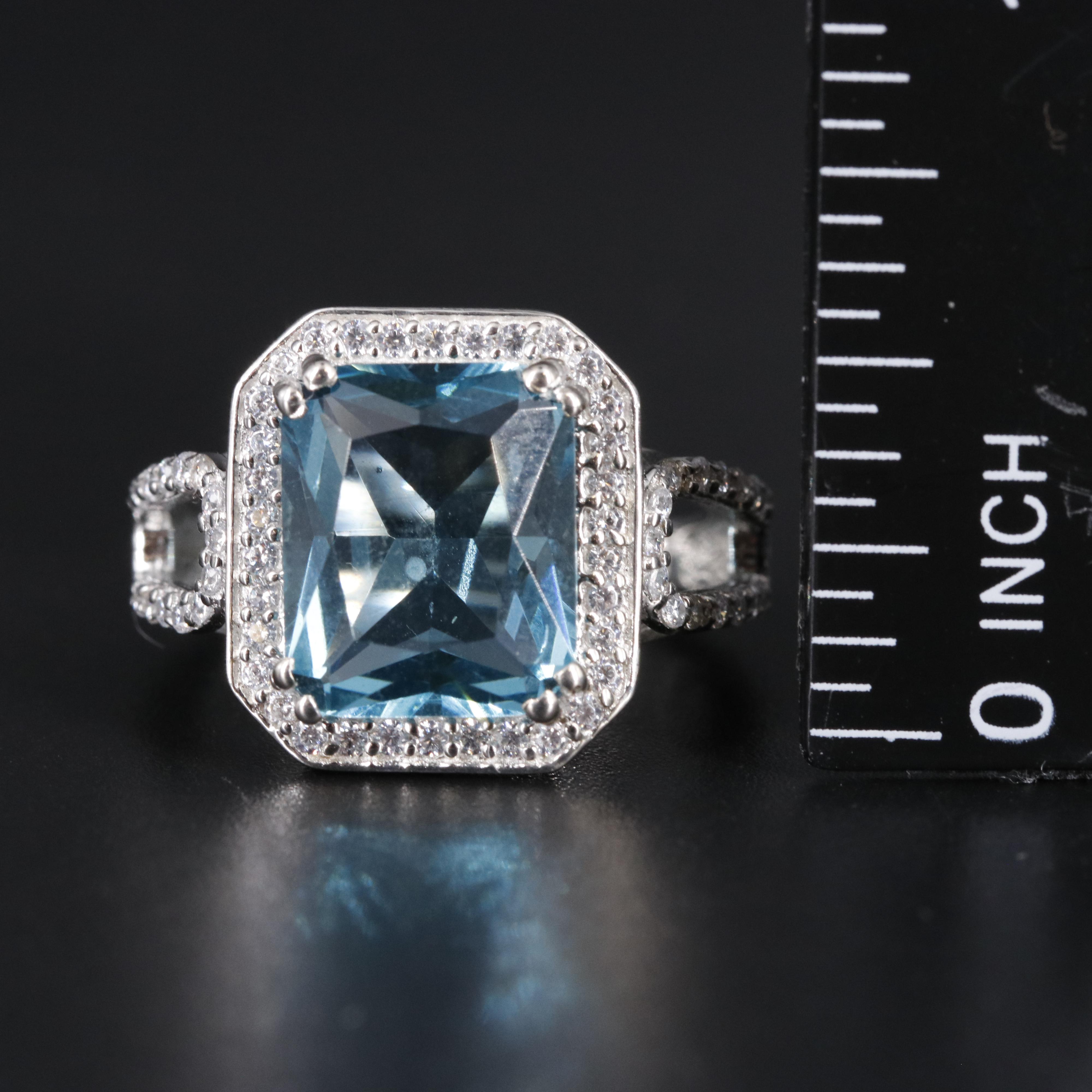 Sterling Silver Aquamarine and Cubic Zirconia Ring