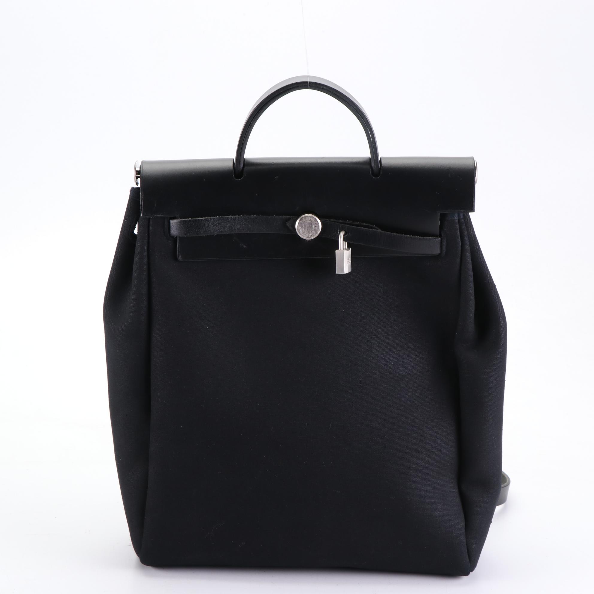 Hermès Herbag A Dos Backpack in Black Toile and Leather with Box