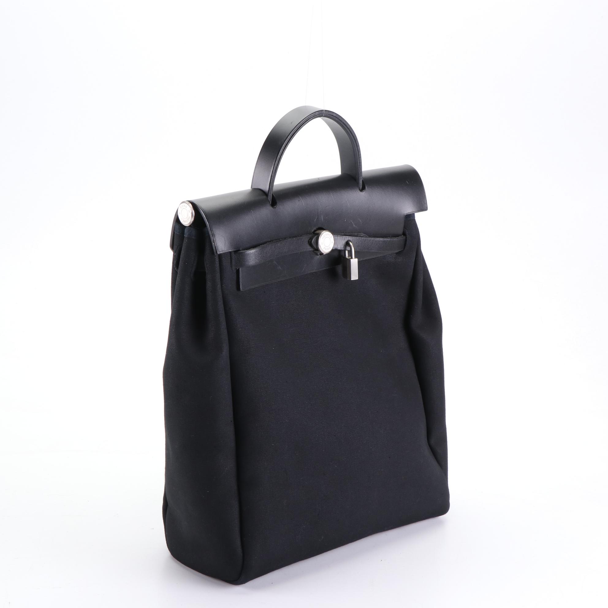 Hermès Herbag A Dos Backpack in Black Toile and Leather with Box
