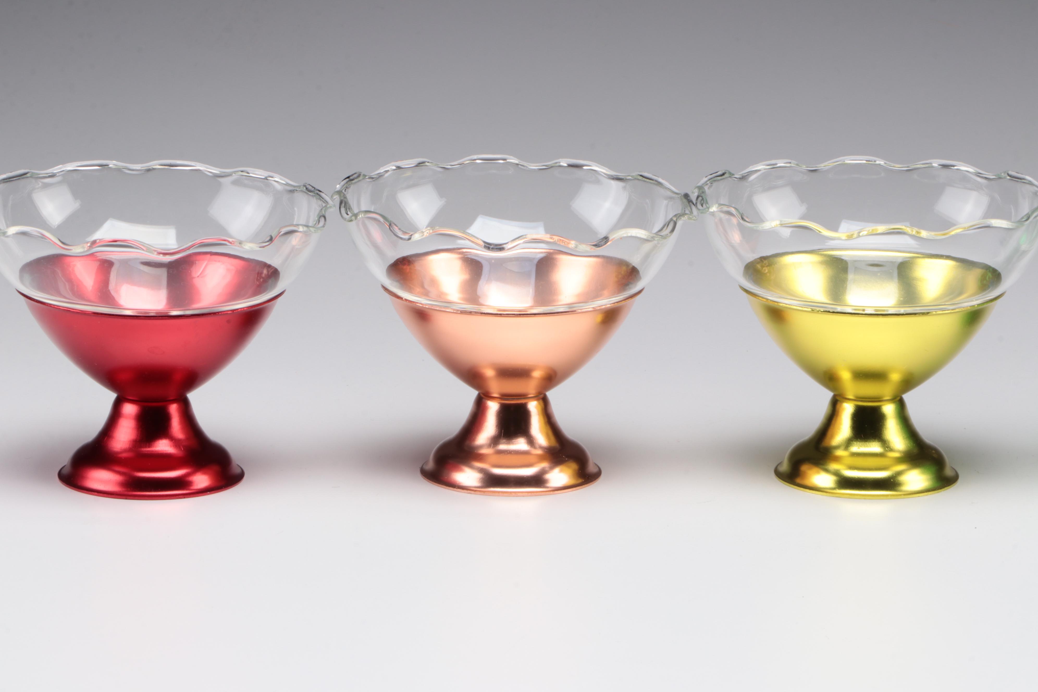 Ruffled Rim Glass Dessert Bowls with Multicolored Metal Liners