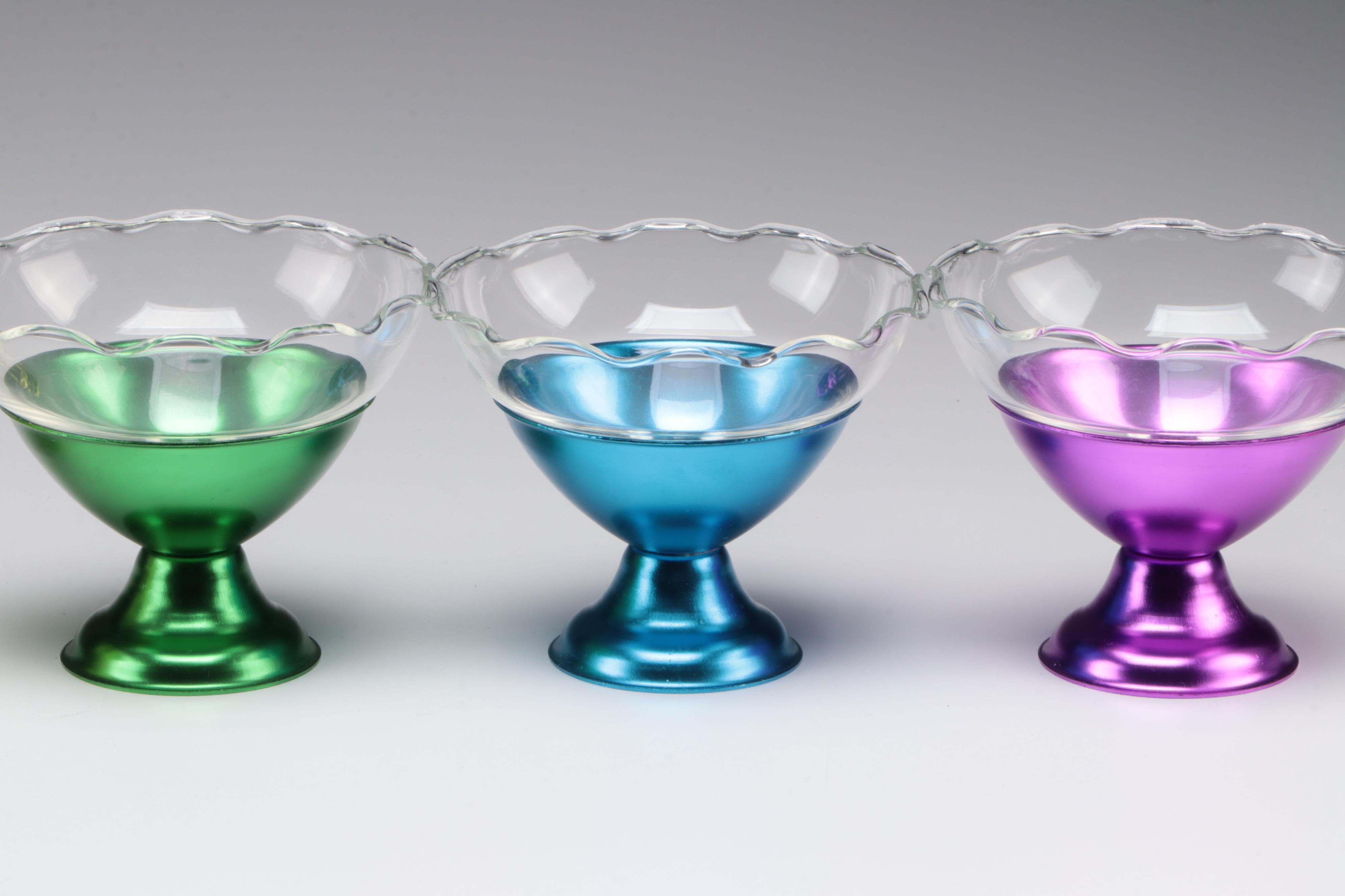 Ruffled Rim Glass Dessert Bowls with Multicolored Metal Liners
