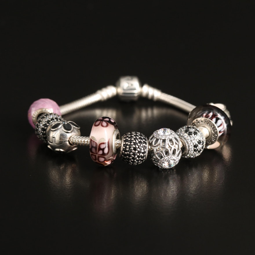 Pandora Sterling Floral Themed Charm Bracelet